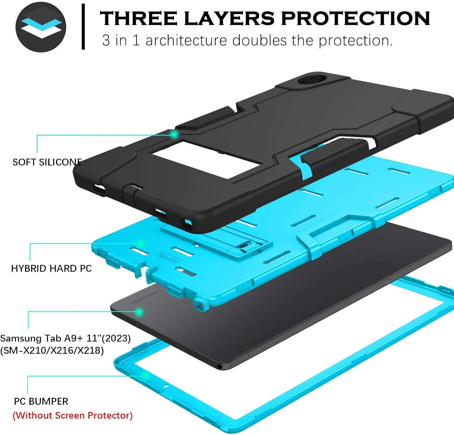 YINLAI for Samsung Galaxy Tab A9+ Case with Kickstand 11 Inch 2023 (SM-X210/X215/SM-X216), Galaxy Tab А9 plus Case for Kids, Heavy Duty Shockproof Protective Tablet Cover, Black Blue image number 6