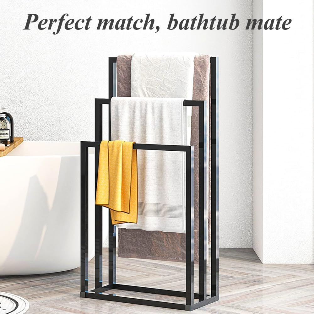 3 Tiers Floor Bath Towel Holder, Metal Free Standing Storage Racks, Portable Towel Organizers, Standing Towel Racks, Organizer Shelf for Bathroom, Bedroom, Laundry Room (Black) ﻿ image number 1