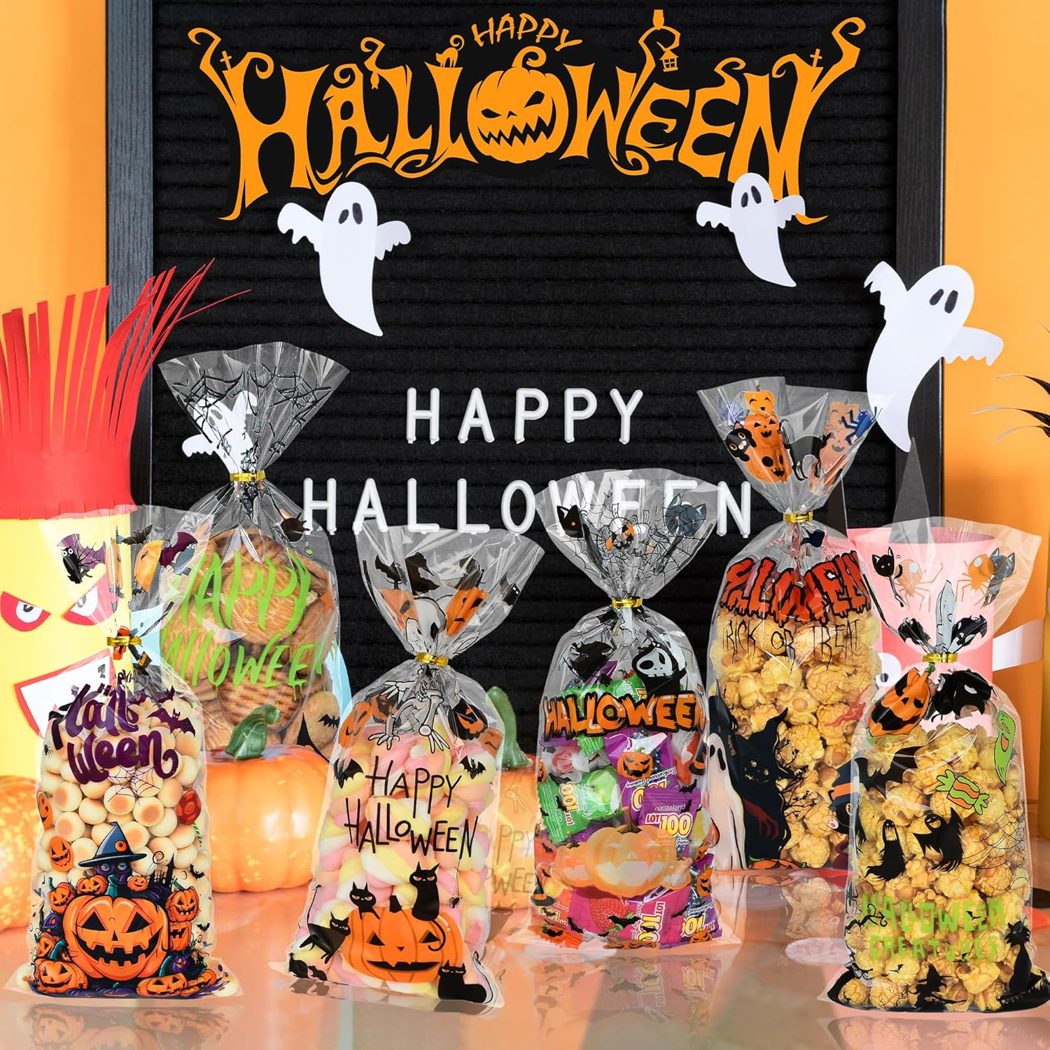 Twavang 150 Pcs Halloween Cellophane Treat Bags, Halloween Trick or Treat Goodie Bags with 170 Pcs Twists for Halloween Party Favors (10.8 X 4.9 Inches)
