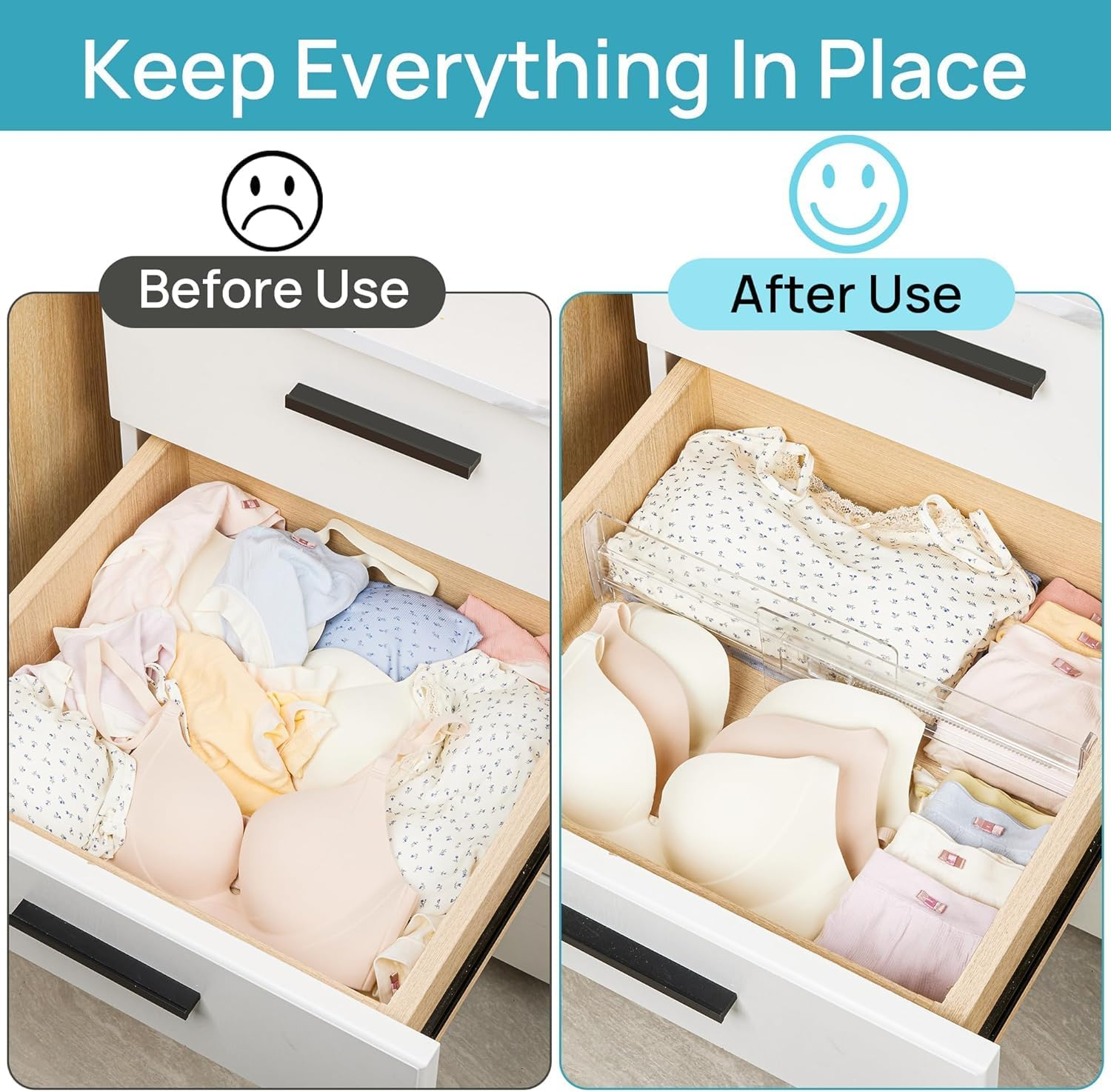 12PACK Drawer Dividers,Adjustable Clear Drawer Organisers, Expandable 28.7&ndash;50.5Cm and 8Cm High Drawers Separators for Bedroom Clothing, Kitchen Utensils, Bathroom & Office Organization and Storage image number 4