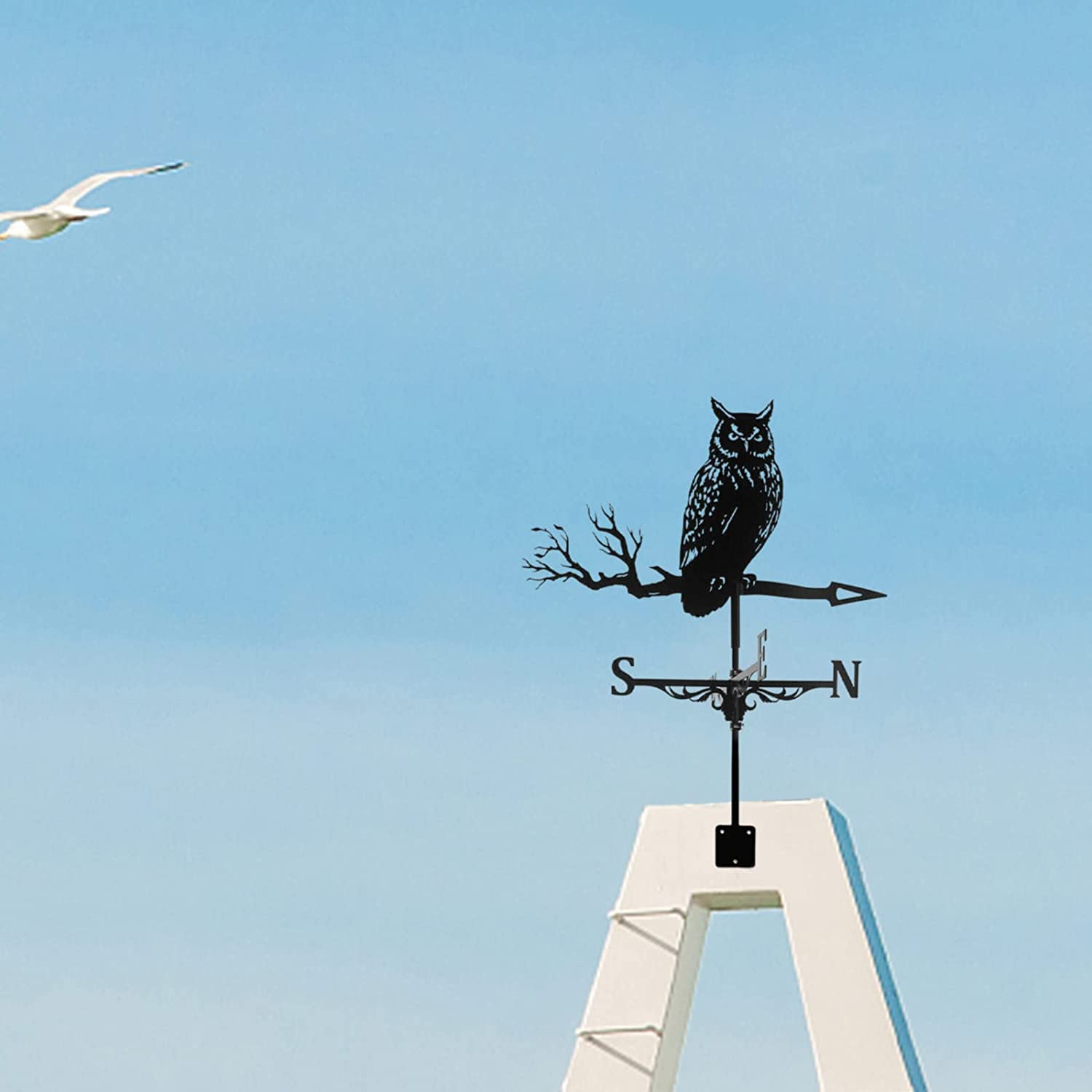 3D Animal Metal Weather Vane, Wind Direction Indicator, Garden Patio Roof Decoration (Owl) image number 4