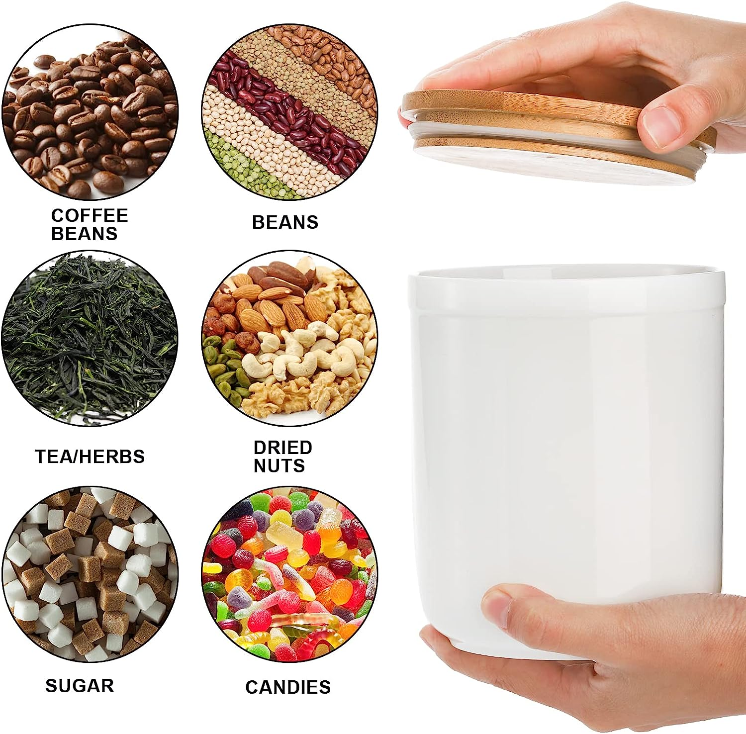 AVLA 3 Pack Ceramic Food Storage Jars with Bamboo Lids, 36 FL OZ White Kitchen Canisters Airtight Container for Serving Ground Coffee, Cookie, Tea, Sugar, Salt, Spices, Flour image number 2