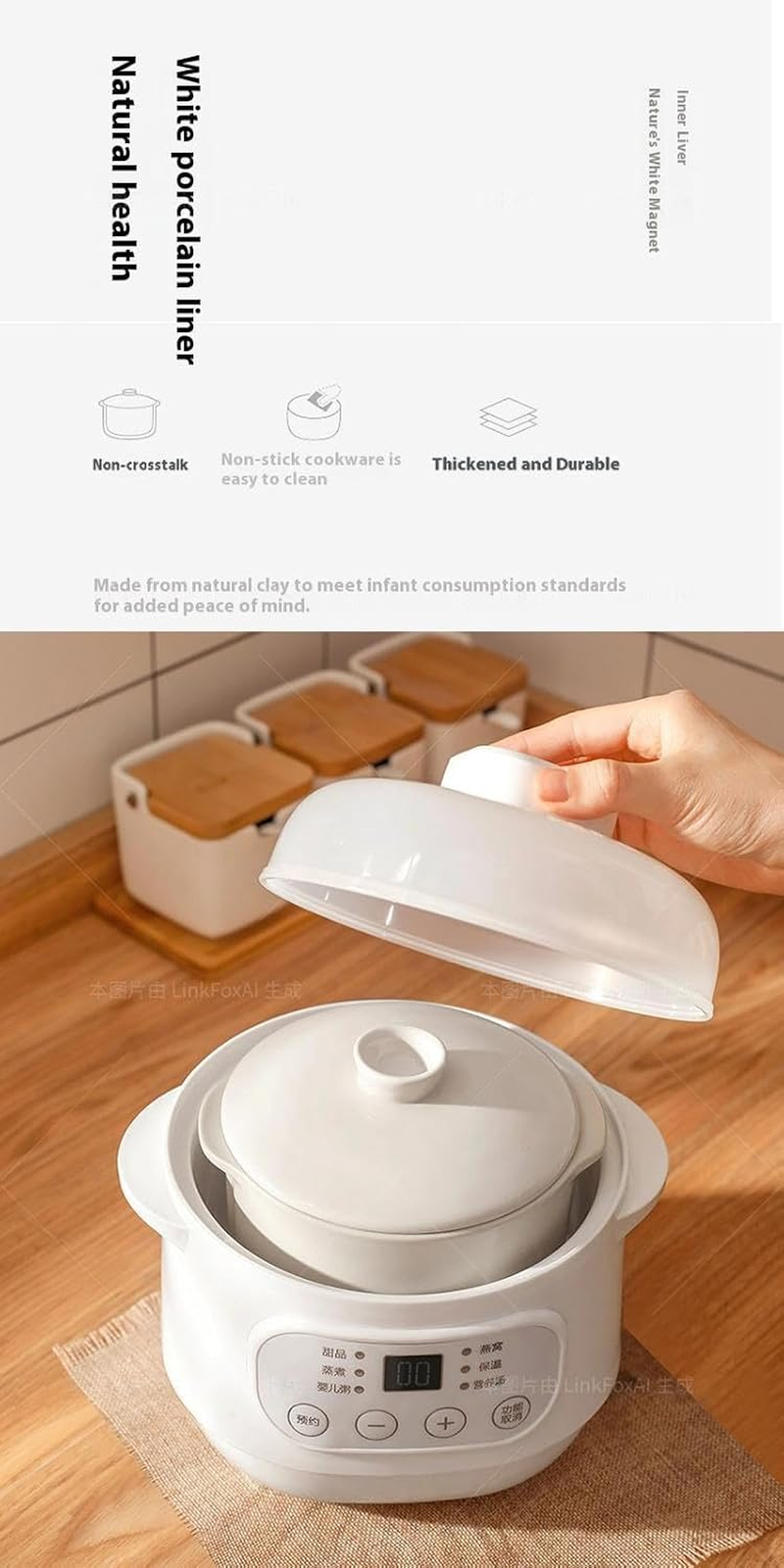 ◉ Electric Stew Pot with Steamer, 1L Mini Ceramic Slow Cookers, 6 Smart Menus | 24H Appointment & No Time Limit Keep Warm | Anti-Dry Burning | Anti-Overflow for Household Stew Pot, Soup, Baby Porridge image number 2