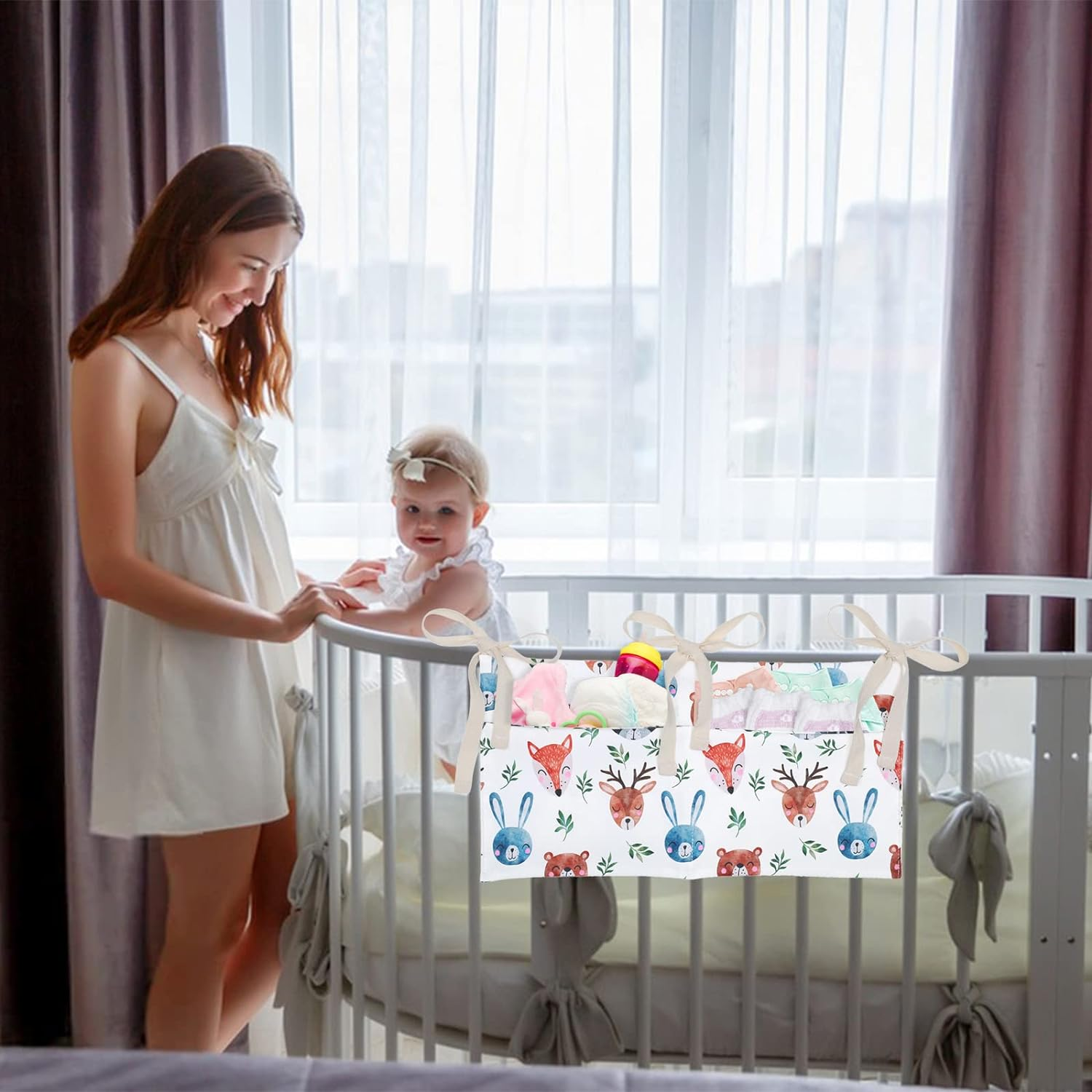 Winmany Baby Crib Organizer Cot Caddy Bed Storage Bag 2 Pockets Bedside Hanging Diaper Nursery Organizer for Diapers Toys Clothing (Animal) image number 3