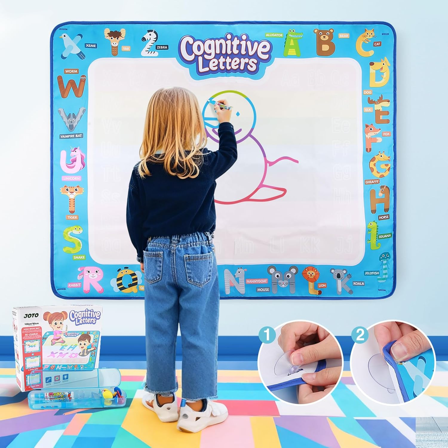 JOTO Magic Aqua Water Doodle Mat, Extra Large Drawing Coloring Mat Painting Writing Board with Accessories Educational Learning Toy for Kids Toddlers Boys Girls Age 3 4 5 6 7 8 Year Old -Mixed image number 5
