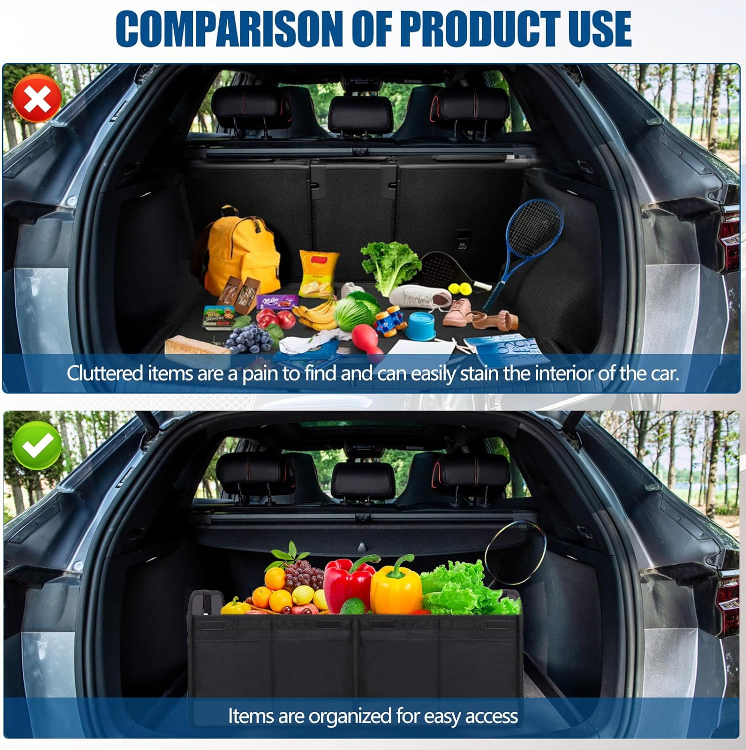 Car Trunk Organizer, Vehicle Boot Storage Bag, Super Capacity Seatback Collapsible Adjustable Compartment Reinforced Handles Trunk Tidy Cargo Organiser 600D for Sedan SUV RV ORV image number 4