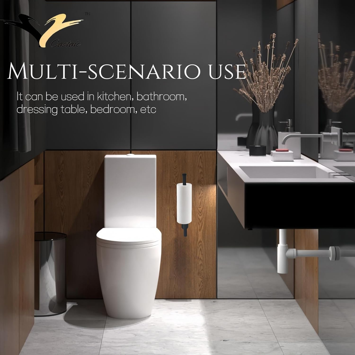 Castaic Paper Towel Holder under Cabinet, Kitchen Roll Hanger, 304 Stainless Steel, Self Adhesive Hanging for Kitchen, Bathroom (Black-Rectangle 13 Inch) image number 3