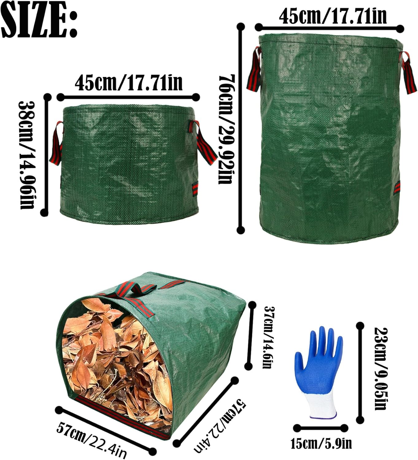 Garden Waste Bags Set of 3, Heavy Duty Reusable Green Leaf Collection Bags with Handles, Includes Work Gloves image number 4