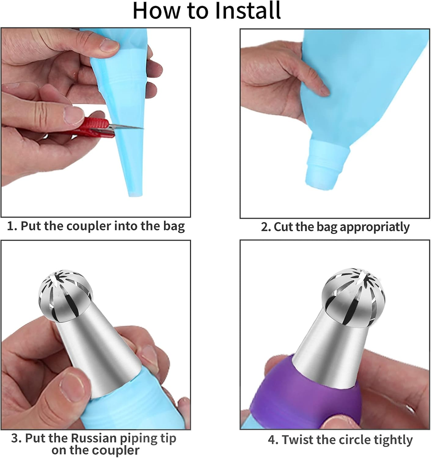 42 Pcs Russian Piping Tips Set, 8 Nozzles Flower Frosting Icing Tips Russian Ball Piping Tips for Cake Decorating Kit, 2 Couplers 30 Pastry Baking Bags 1 Cleaning Brush, 1 Reusable Silicone Bag