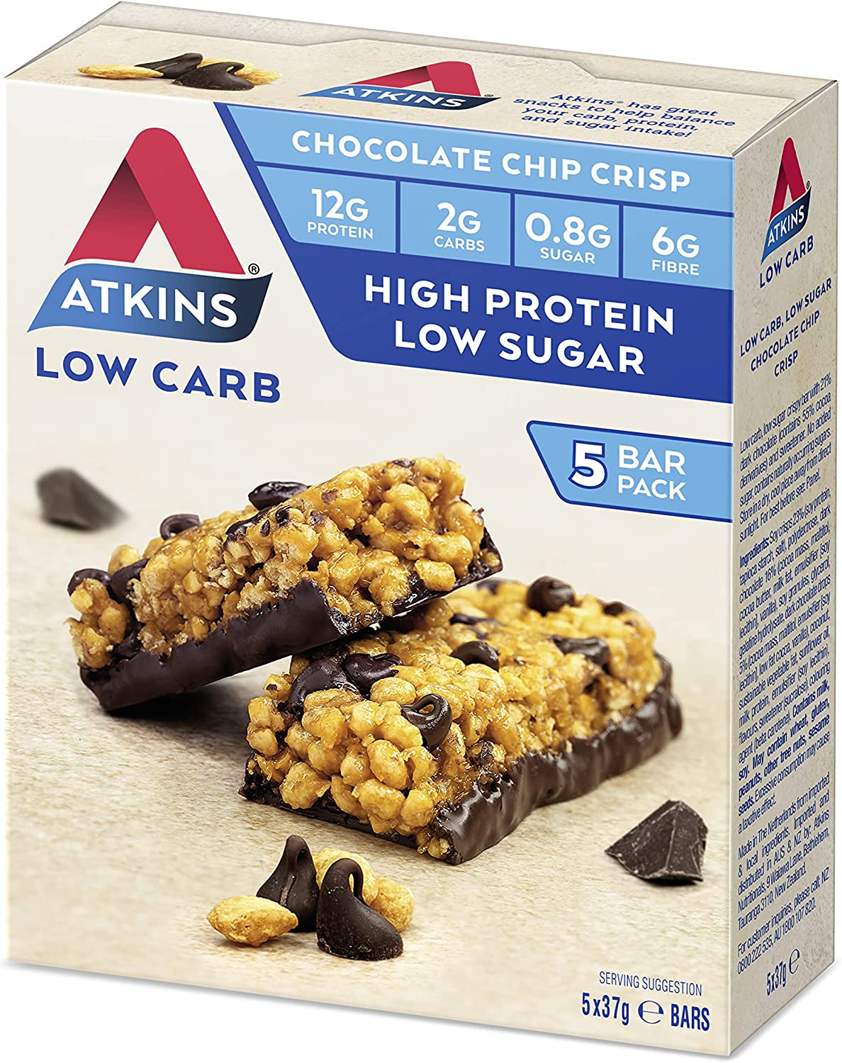 Atkins Chocolate Chip Crisp Bars | Keto Friendly | 5 X 37G Low Carb Chocolate Bars | Low Carb, Low Sugar, High Protein, High Fibre | 5 Bar Pack image number 6