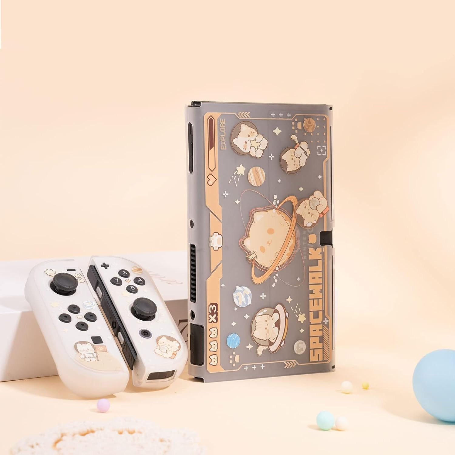 Geekshare Protective Case Slim Cover Case Compatible with Switch OLED and Game Console - Shock-Absorption and Anti-Scratch - Space Cat image number 2