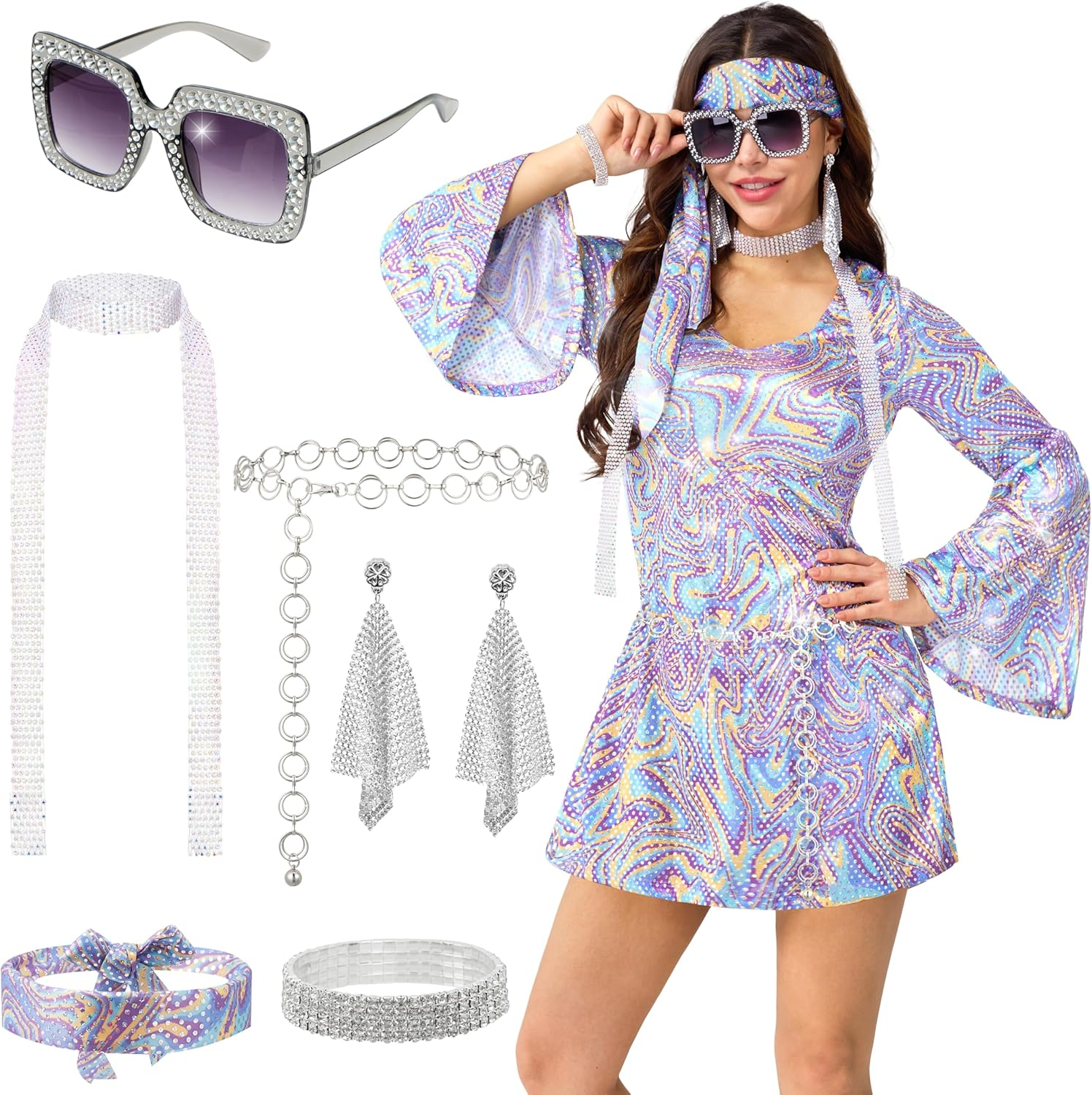 Spooktacular Creations 70S Costumes Women, Halloween Disco Dress with 70S Accessories for Halloween Costumes Dance Party image number 3