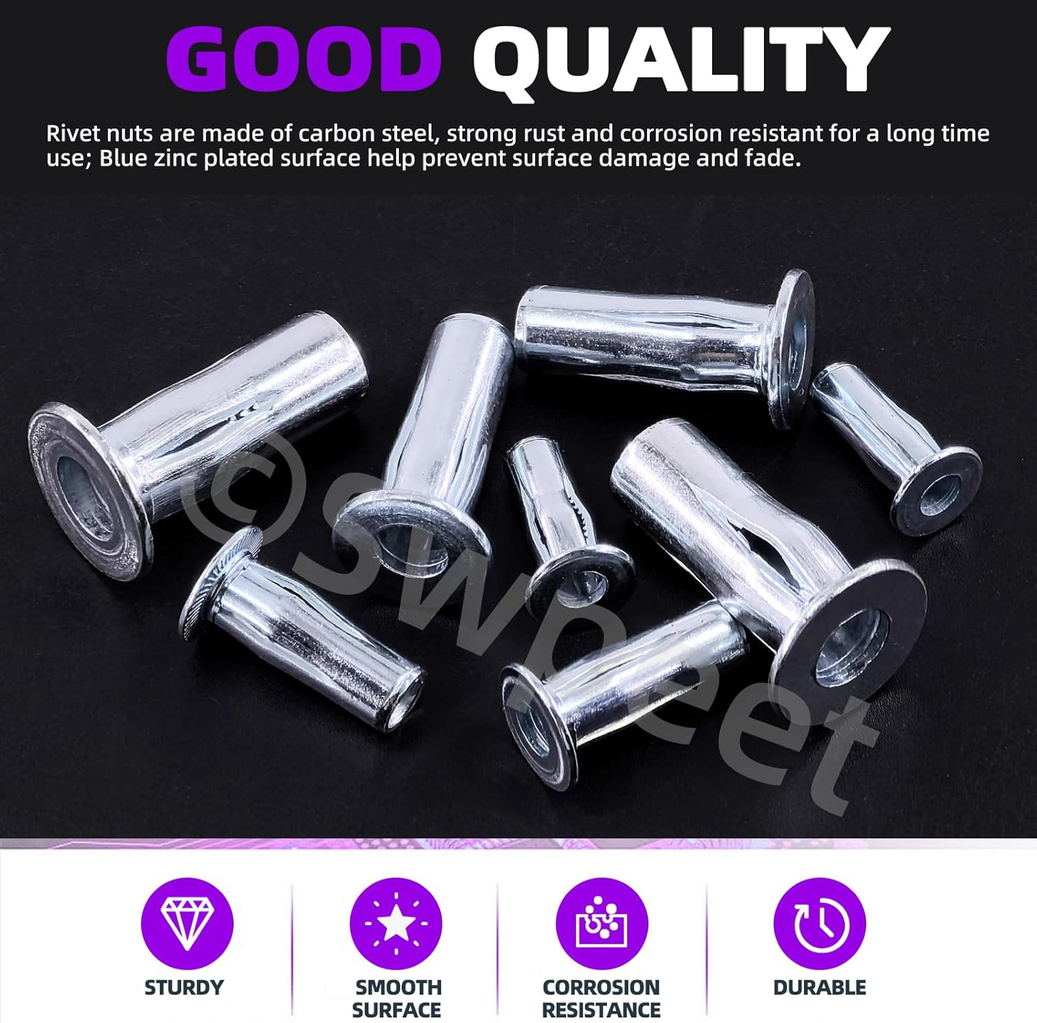 Swpeet 20Pcs M4 Metric Carbon Steel White Zinc-Plated Multi-Grip Rivet Nuts plus Nuts Rivnuts Kit, Bulbed Shank Flat Head Threaded Insert Nut Construction Fasteners for Industrial image number 3