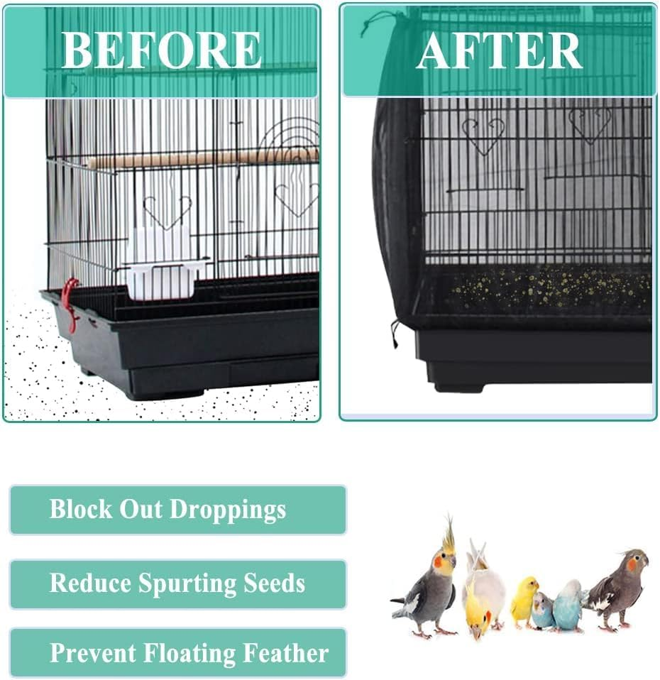 ASOCEA Bird Cage Seed Catcher Adjustable Bird Cage Cover Soft Nylon Mesh Net with Drawstring Birdcage Skirt Feather Guard for round Square Cages (Black, 118 * 15.7In/300 * 40Cm) image number 2
