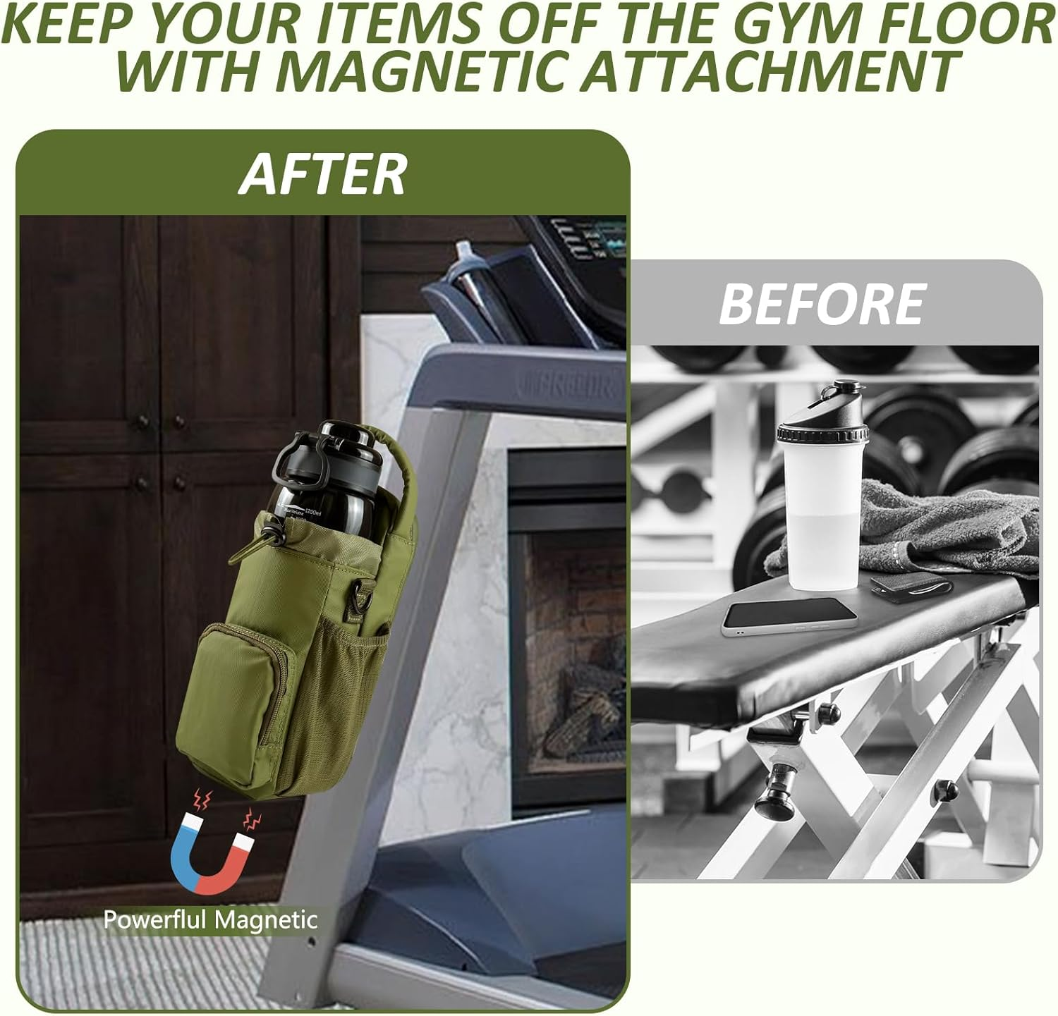 Magnetic Gym Bag for Men and Women, Magnetic Water Bottle Holder for Gym, Small Gym Bag, Gym Gifts for Women and Men, Green, up to 40 Oz, Movement image number 3