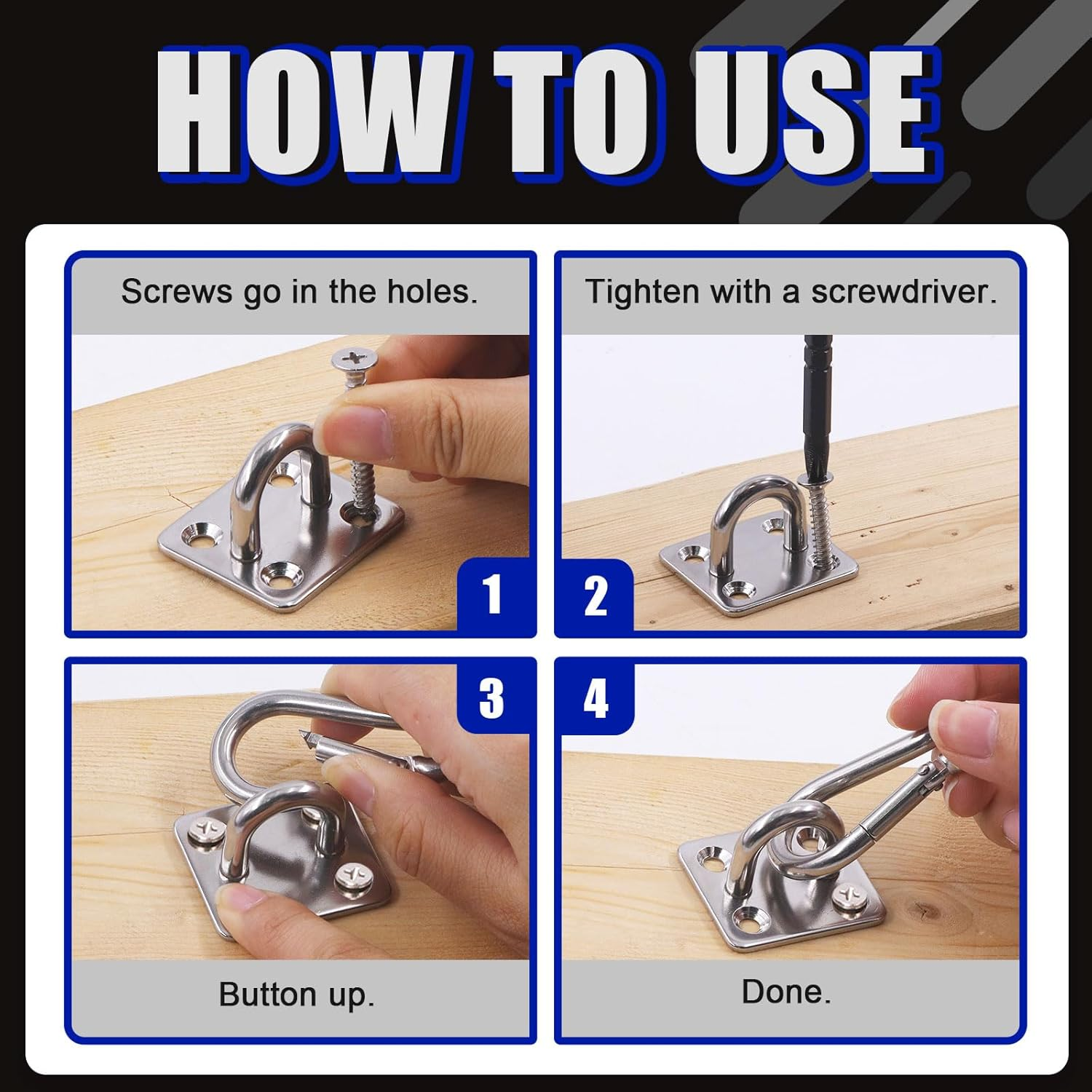 Glarks 8Pcs M6 Stainless Steel Pad Eye Plate Hook and Snap Hook Kit, Square Eye Plate U Hooks Heavy Duty Ceiling Hooks and Carabiner Clips Snap Hook for Ceiling and Mounting Hanging Hardware image number 4