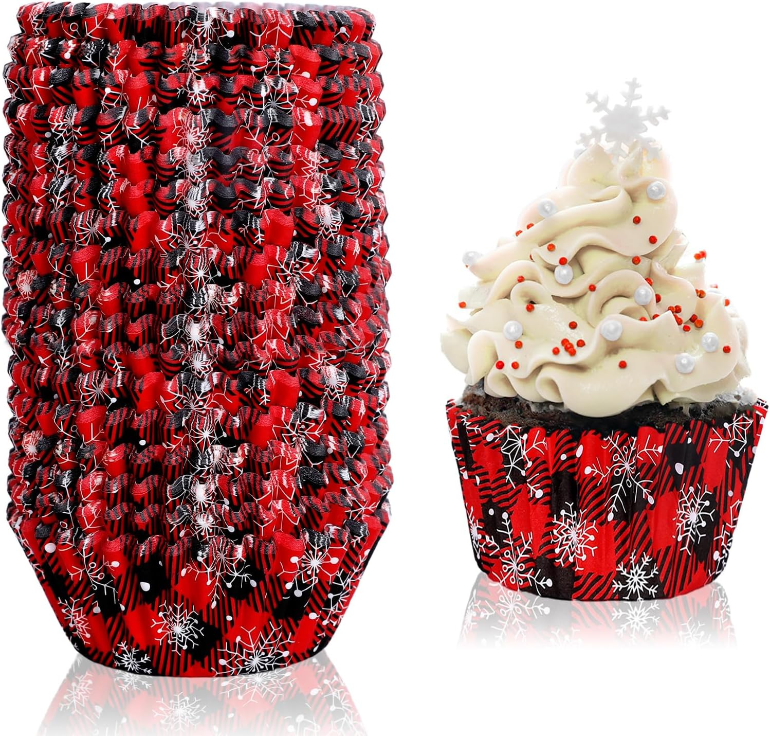Whaline 300Pcs Christmas Plaid Snowflake Cupcake Liners Red Black Buffalo Plaid Cupcake Wrappers Baking Cups Holders Muffin Liners for Xmas Winter Holiday Birthday Party Supplies image number 3