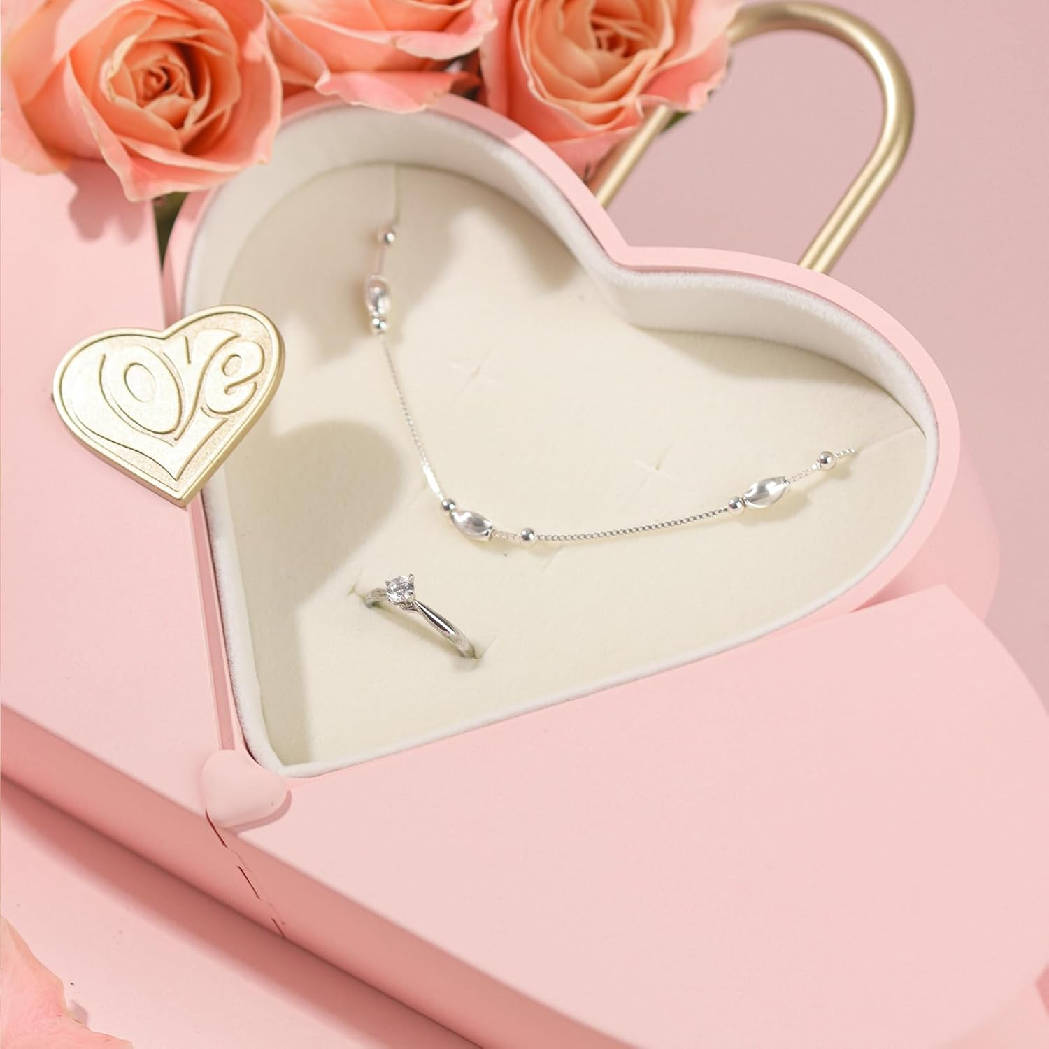 Ring/Earring/Necklace Jewelry Set Box Luxury Gift Box for Anniversary Birthday Christmas Jewelry Storage Case for Women (PINK) BOX ONLY image number 6