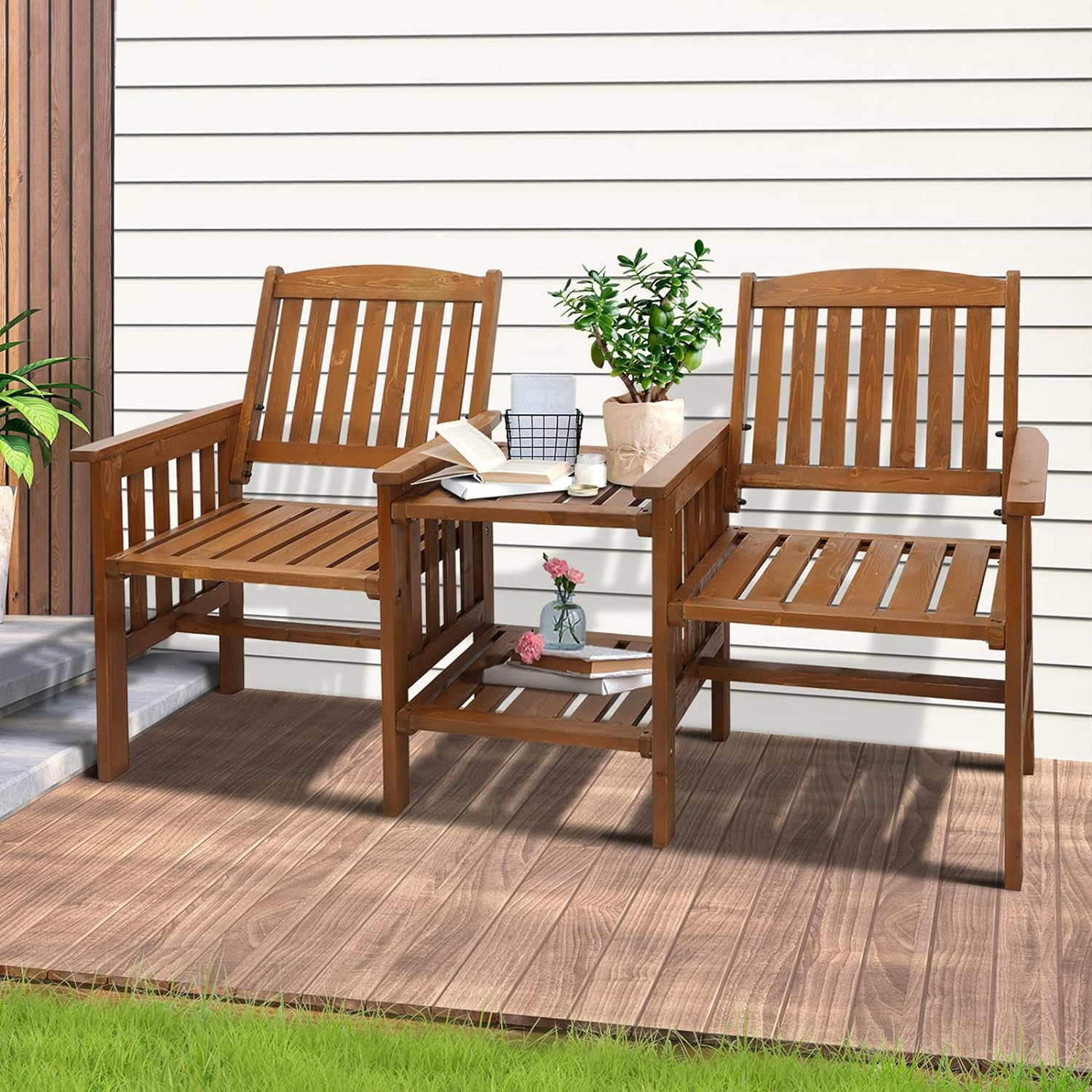 Livsip Outdoor Chair Wooden Garden Bench 2 Seat Table Loveseat Patio Furniture White