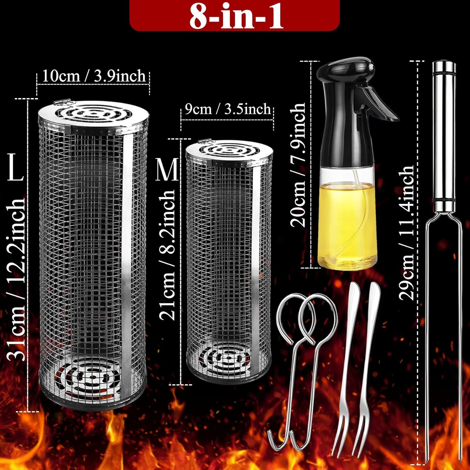 Stainless Steel Rolling BBQ Grill Basket - Large Mesh Cage for Vegetables Fish Meat - Camping Accessories BBQ Tools - Fathers Day & Birthday Gifts for Mens Dad Husband - Outdoor Cooking Gear image number 5