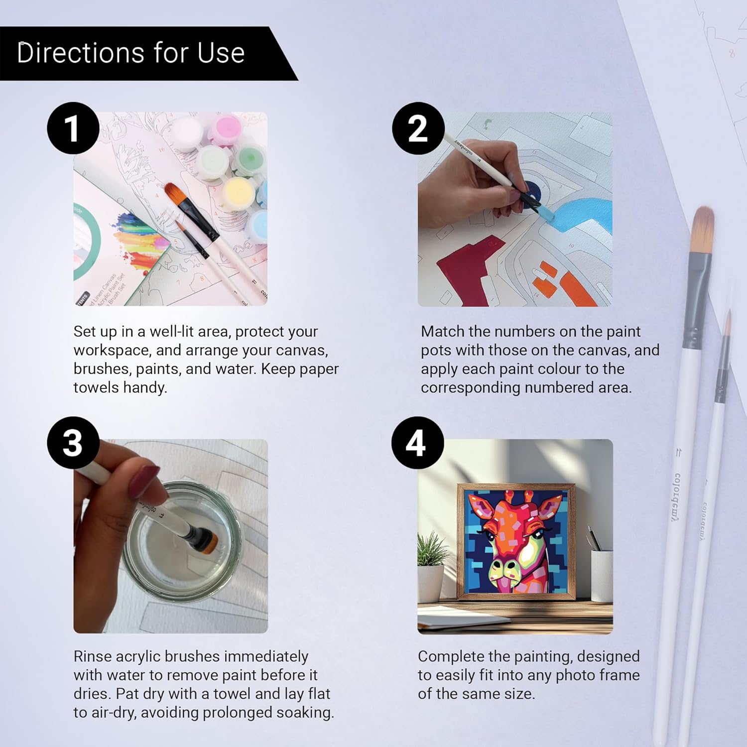 COLORDEMY 2-In-1 Paint by Numbers Kit - Rolled Canvases (20X25Cm & 20X20Cm), 16 Colours, Brushes & Paints Included - Fun for Adults & Kids, Perfect for Parties or Group Painting (Giraffe Design) image number 3