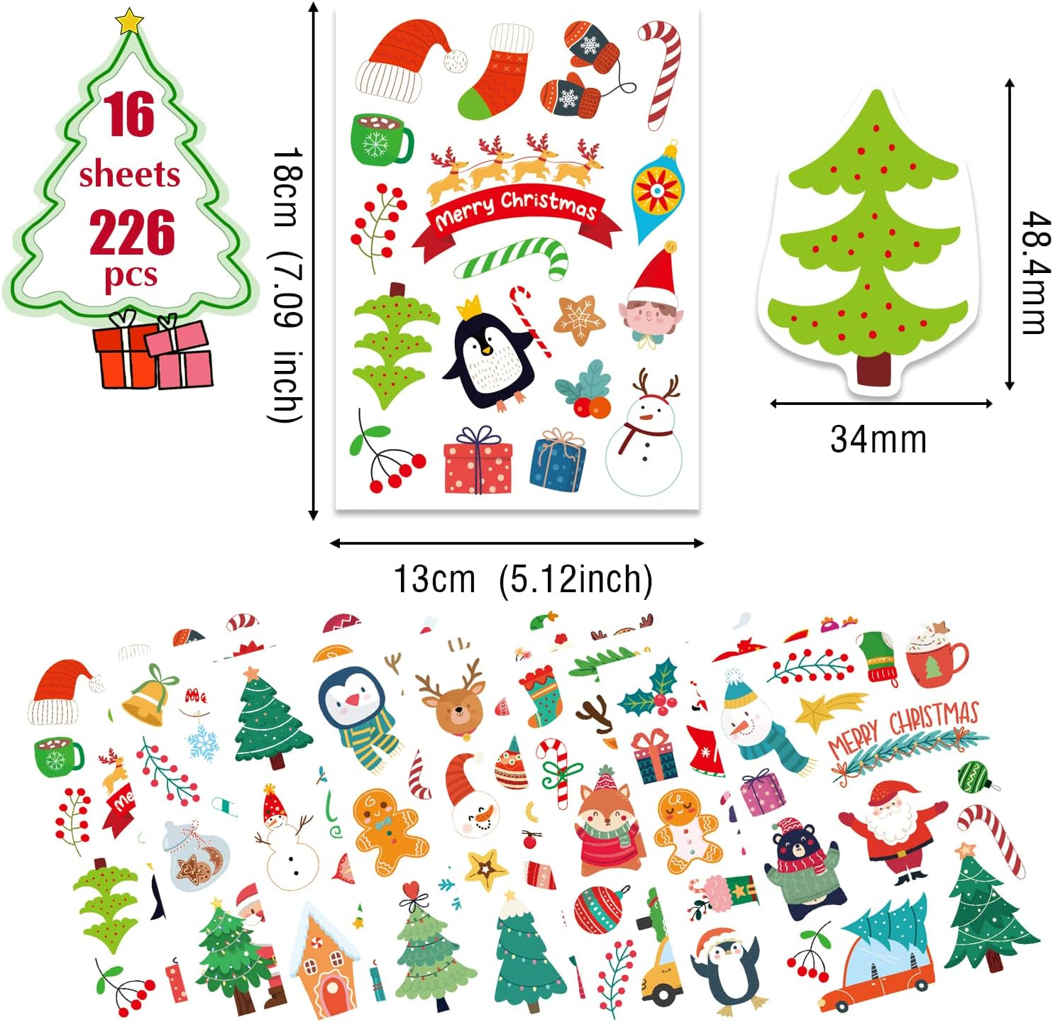 Christmas Stickers for Kids, 226Pcs Kids Christmas Xmas Stickers Self Adhesive Paper Stickers, Merry Xmas Crafting Santa Snowman Holiday Stickers for Scrapbook, Reward Stickers for Kids image number 1