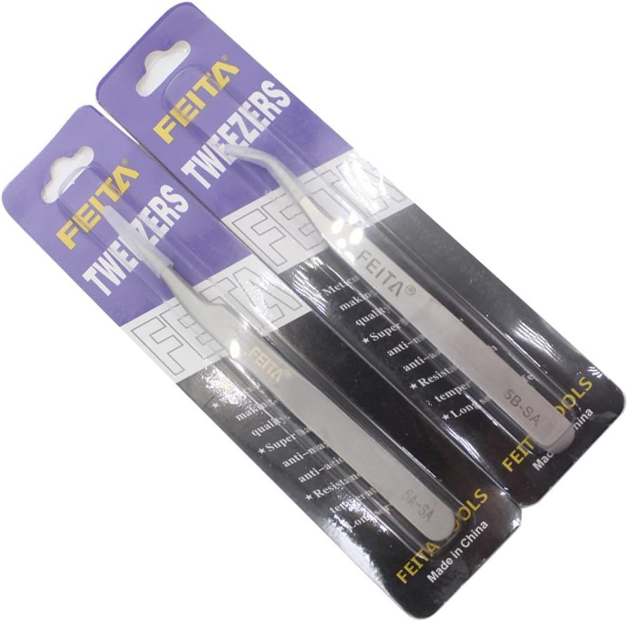 Eyelash Tweezers Set - FEITA Precision Eyelash Extension Tweezers - Professional Slant & Curved Pointed Very Fine Tip Tweezers for False Lashes - Silver - 2 Pcs