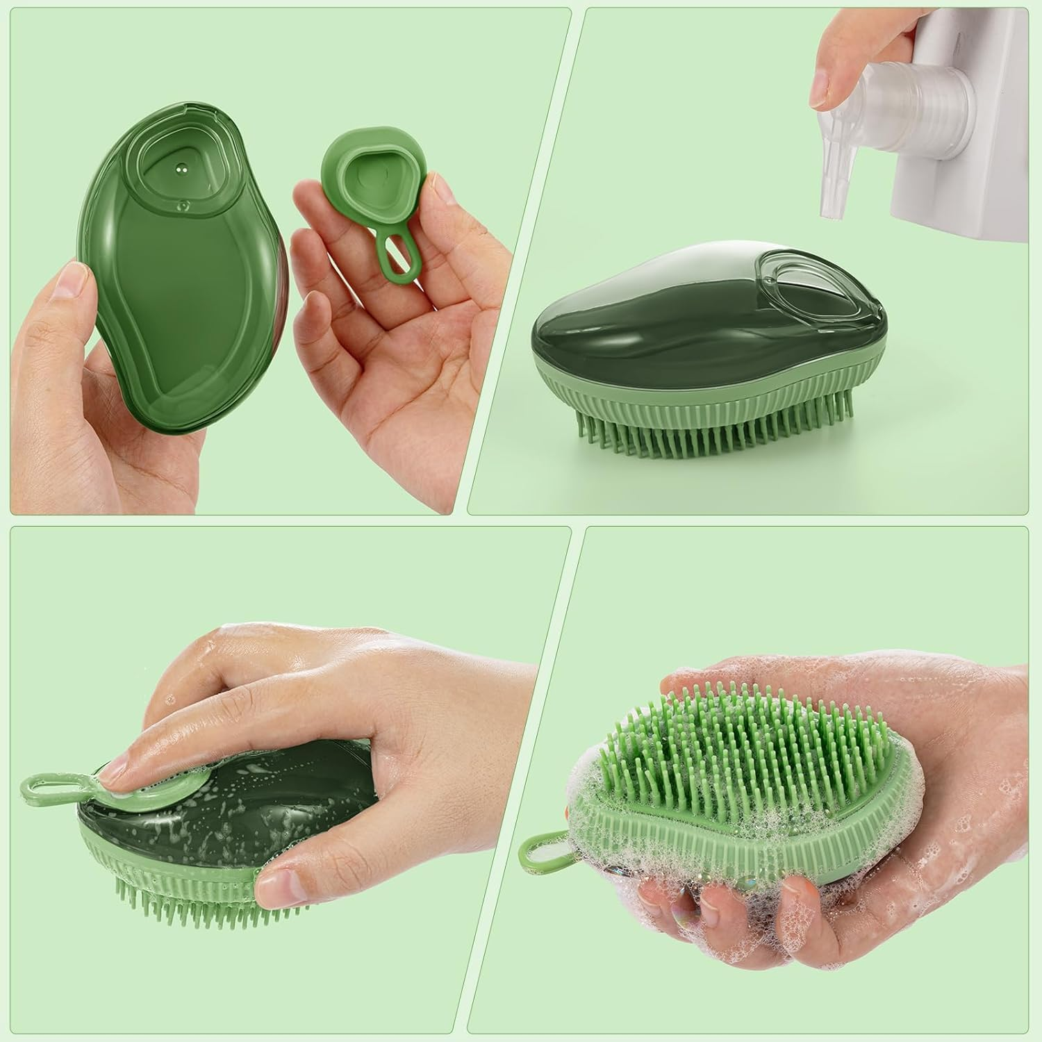 Pet Grooming Bath Massage Brush with Soap and Shampoo Dispenser Soft Silicone Bristle for Long Short Haired Dogs Cats (Green)