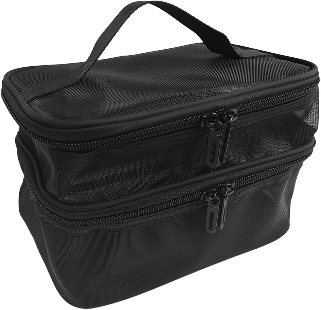 Double Layer Makeup Bag, Mesh Cosmetic Bag with Handle, Double Zipper Beauty Make up Bag, 2 Compartment Toiletries Storage Bag, Portable Travel Cosmetic Case Organizer for Women Girls, Gray