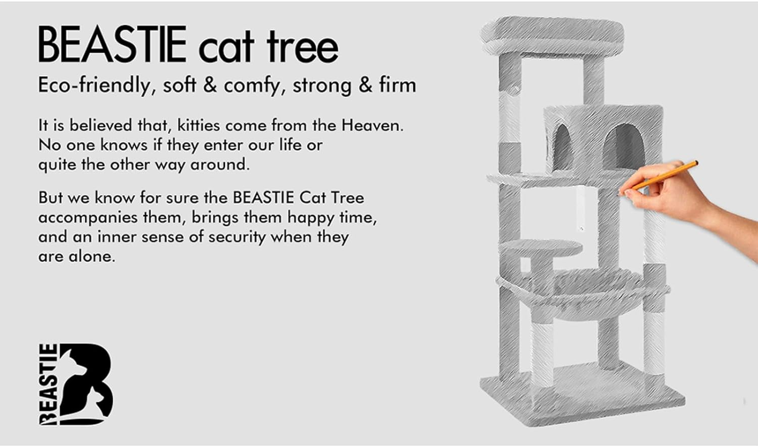 BEASTIE 143Cm Multi-Level Cat Tree Tower with Scratching Posts, Sisal-Covered Cat Condo Play House Wood Furniture with Plush Perch, Light Grey Cat Scratcher Tower for Kittens Climbing and Rest