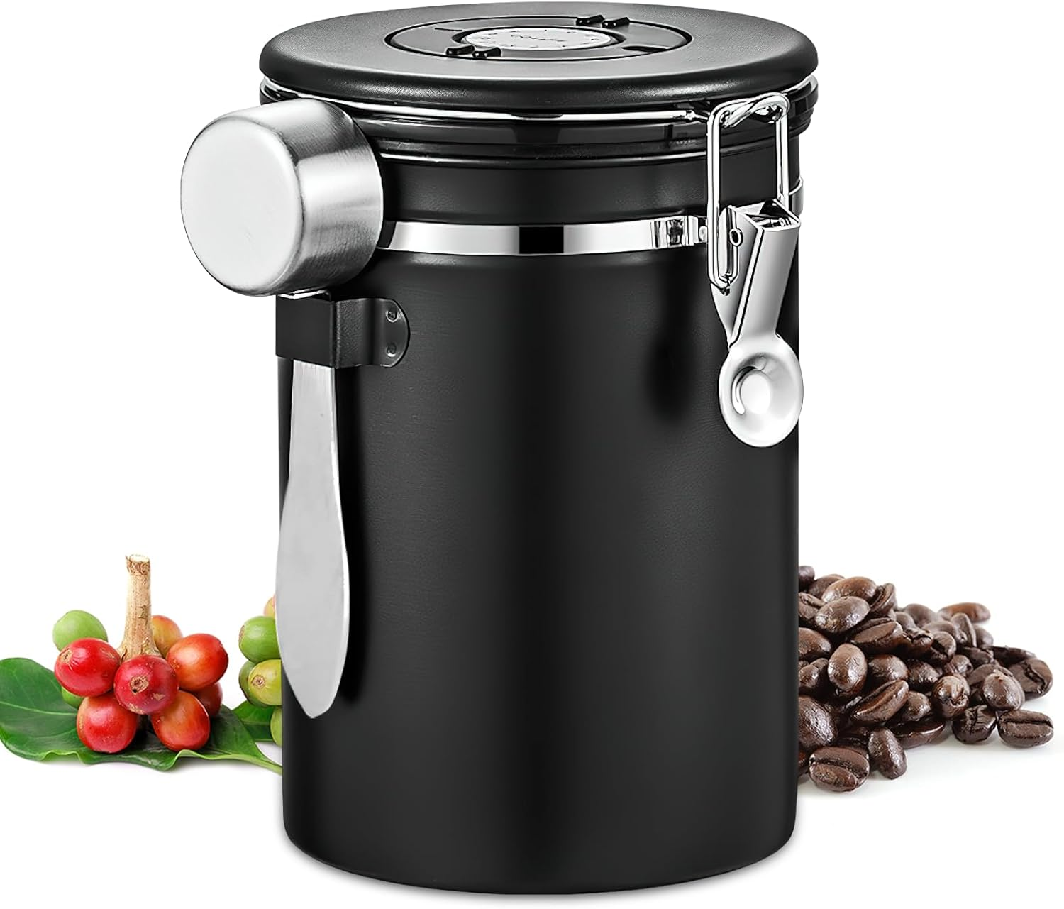 1.8L/60Oz Large Stainless Steel Coffee Canister，With Airtight Seal BPA Free Silicone Lid for Fresh Coffee Bean Storage Coffee Container Includes Coffee Spoon Ideal for Tea Sugar and Grains（Black） image number 5
