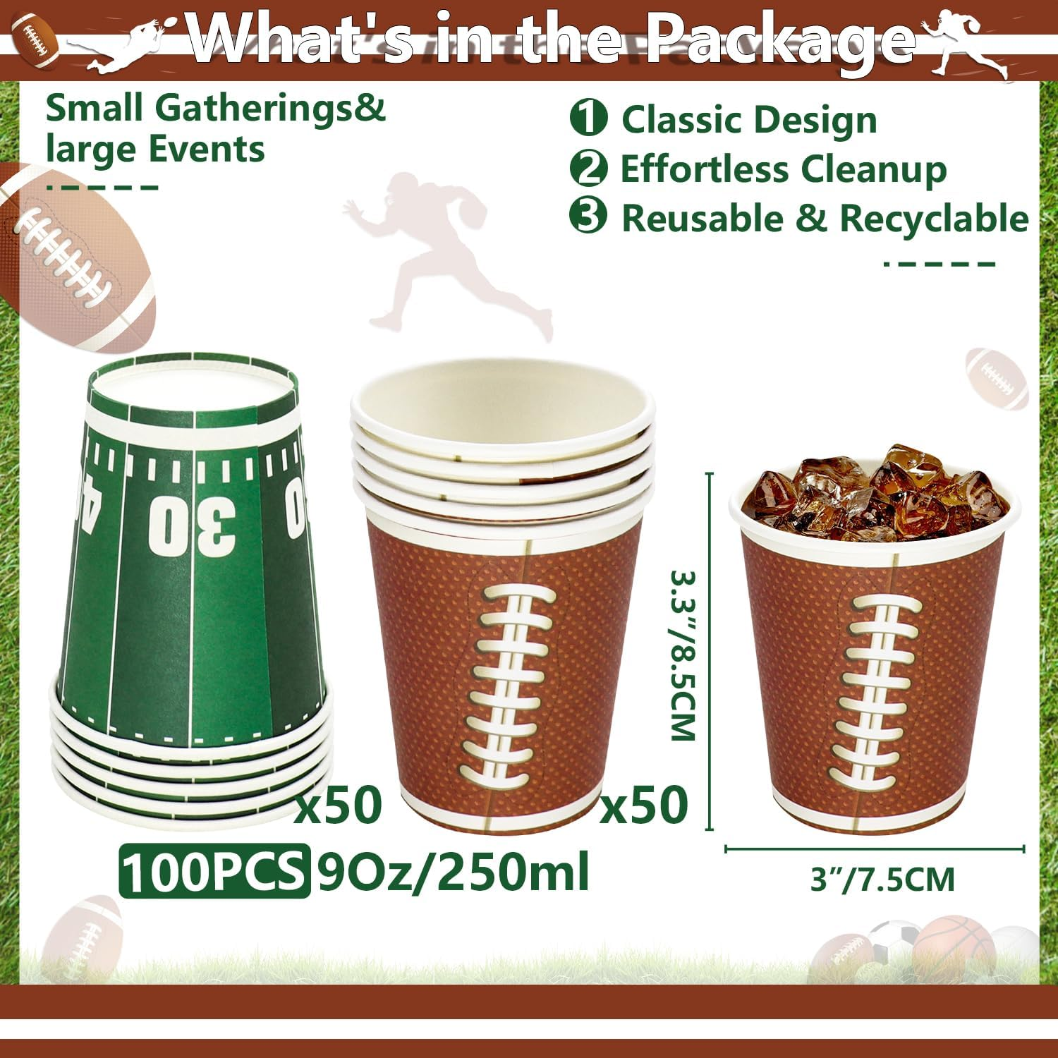 100 Pack Football Themed Disposable Paper Cups 9 OZ Football Birthday Decorations (Football)
