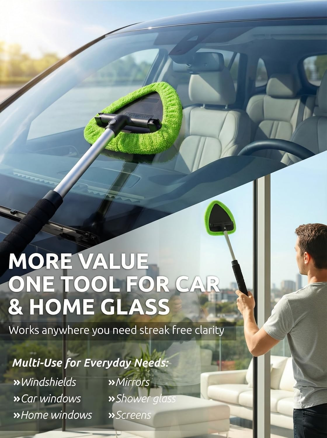 TAKAVU Car Window Cleaning Tool, Windshield Wiper Cleaner with Extendable Long-Reach Handle, 3 Washable Reusable Microfiber Bonnets, Car & Home inside Interior Exterior Use - Lint Free (Green) - Black  Green image number 6