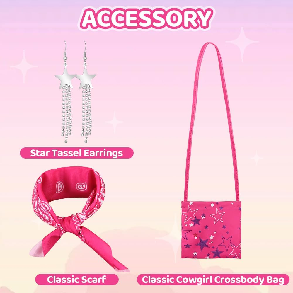 AUTOWT Girls Cowgirl Costume, 5 Pieces Movie Heroine Doll Cosplay Pink Cowgirl Outfit, 1970S 80S Hippie Disco Dress up with Pink Tank Top, Flared Pants, Earrings, Scarf Bag for Halloween Cosplay Party image number 1