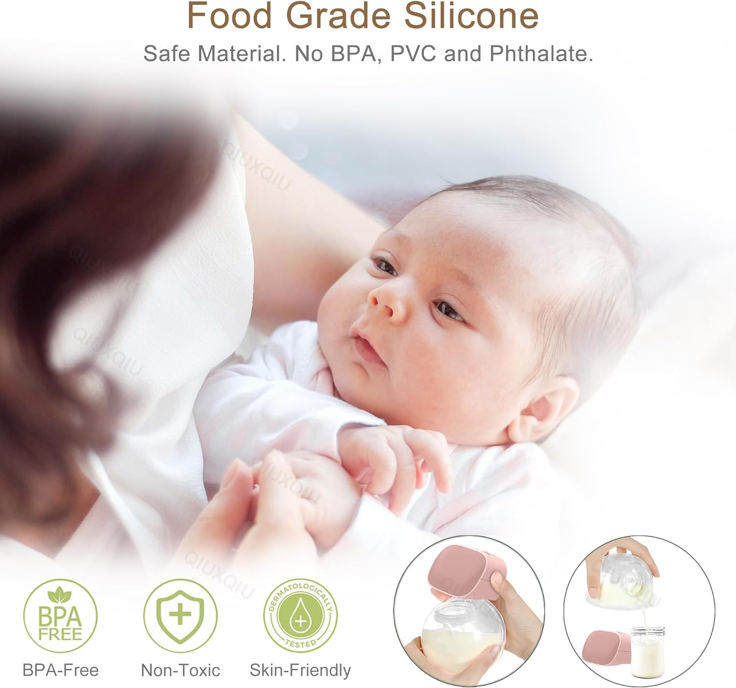 QIUXQIU Wearable Breast Pumps Electric Hands-Free Breast Milk Extractor Portable Spill-Proof Ultra-Quiet Pain Free Breastpump with 2 Mode & 5 Levels USB Rechargeable Battery Breast Milk Pump (Pink) - Green image number 5