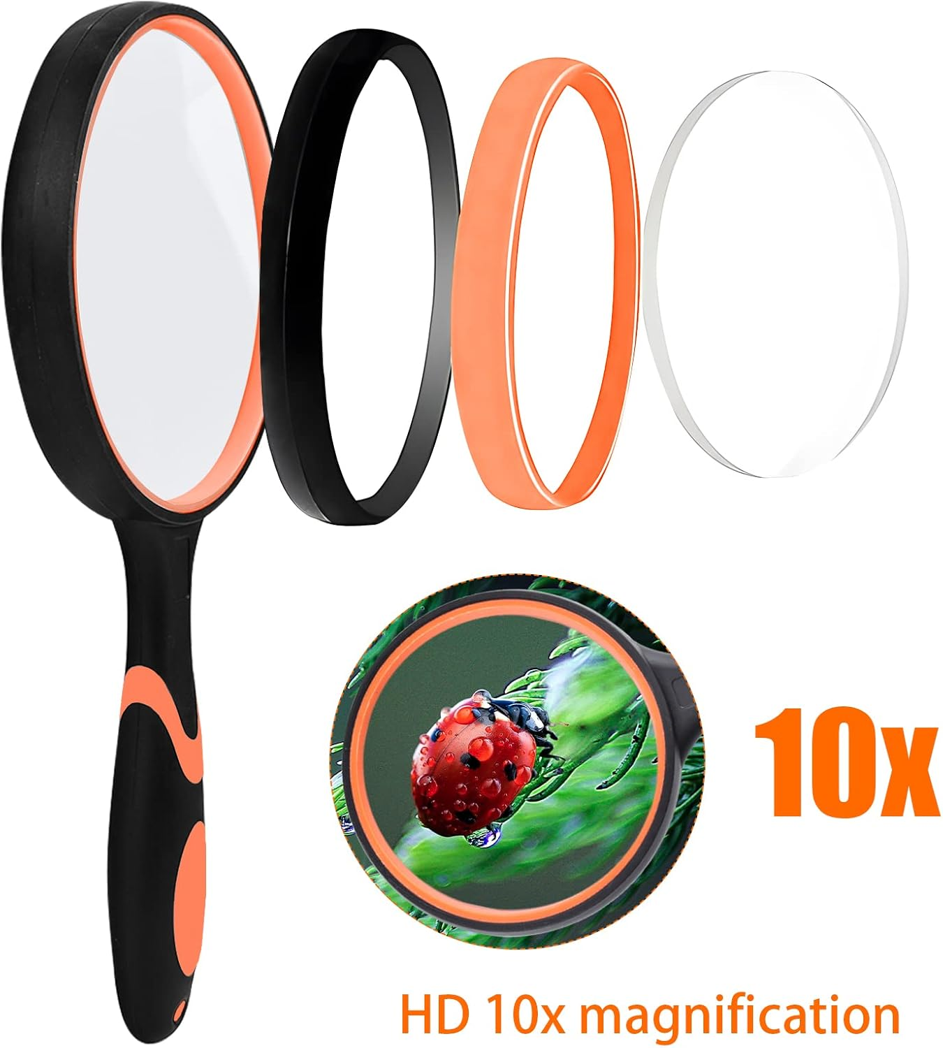 JINGIHE 10X Magnifying Glasses, 1Pc Plastic Page 75Mm Reading Magnifier for Seniors Kids, Handheld Magnifying Glass Study Supplies with Non-Slip Rubber Handle for Book Science Nature Exploration - Black Orange image number 3