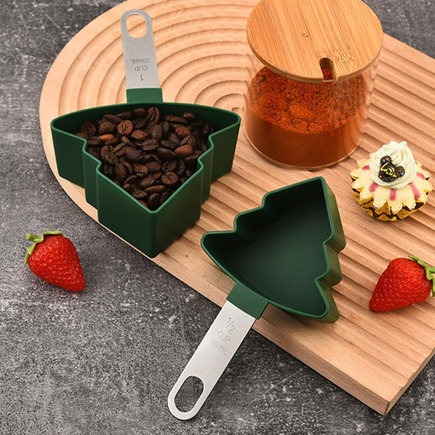 Measuring Cups and Spoons Set | 8X Christmas Tree-Shaped Measuring Spoons with Stainless Steel Handle - Accurate Green Measuring Cups for Cooking and Baking Dry and Liquid image number 2