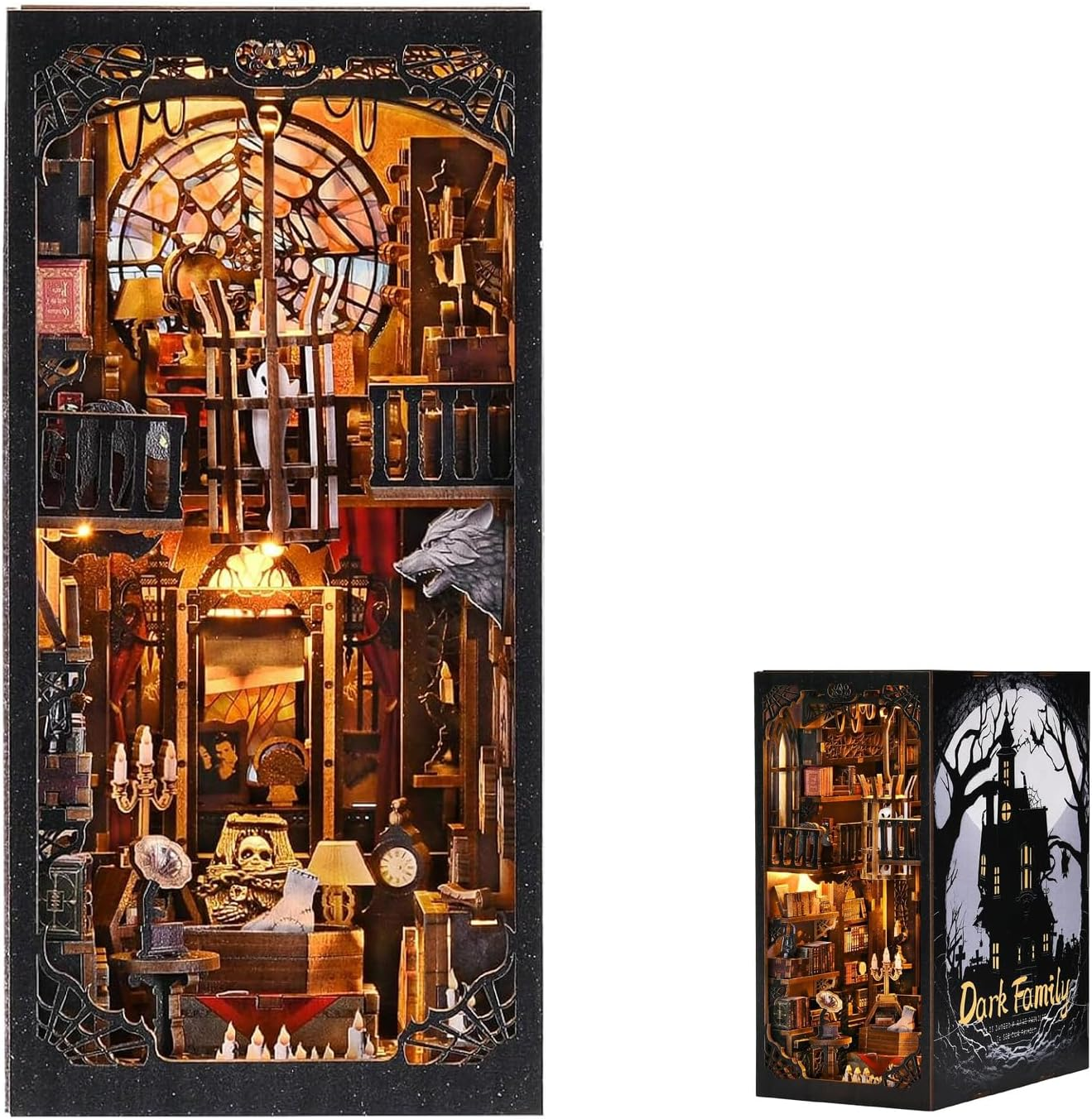 Miniature Book Nook Kit, DIY Book Nook Dollhouse Kit 3D Wooden Puzzle Book Nook for Adults, Teens and Beginners, DIY Book Nook Library Decor with LED Light Great for Birthday, Christmas (Dark) image number 5