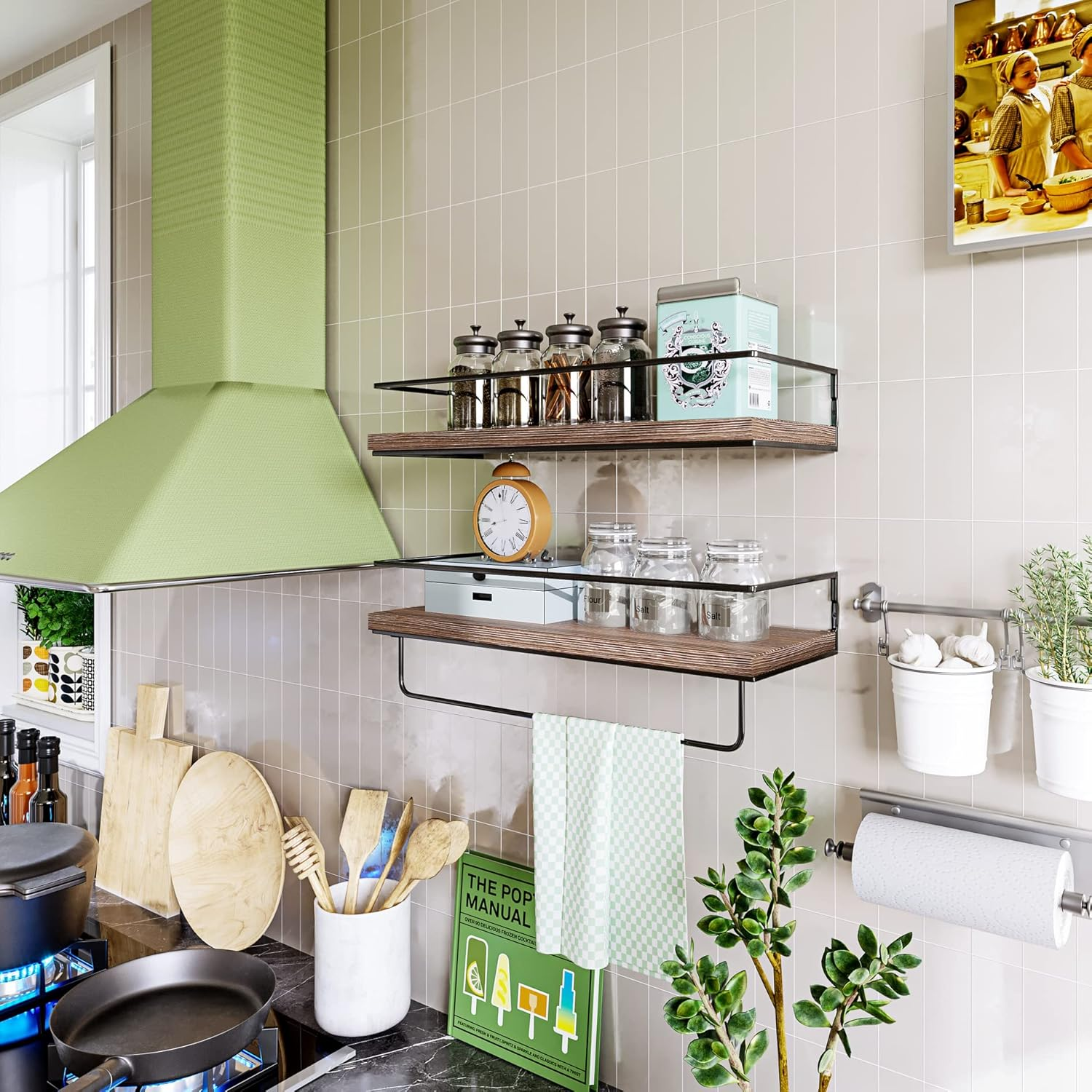 Shario Rustic Wood Floating Shelves - Set of 2, Wall Mounted Hanging Shelves with Black Towel Rack, Decorative Storage Shelves for Bathroom, Kitchen, Living Room & Bedroom (Dark Carbonized Brown) - White image number 6