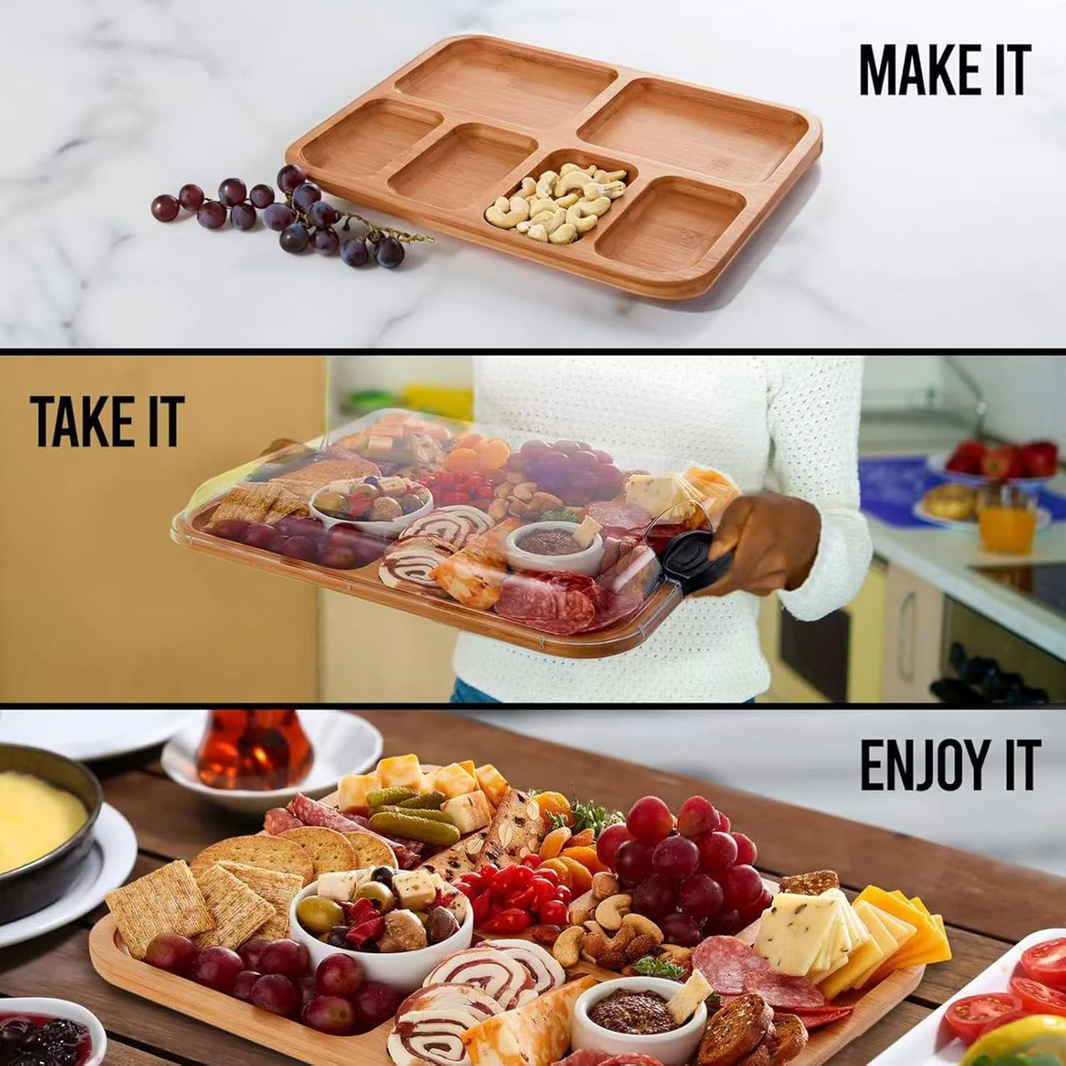 Charcuterie Board with Built-In Compartments and Clear Locking Lid with Black Handles - Perfect Charcuterie Board and Snack Tray for Parties and Entertaining, 11X14 Inches