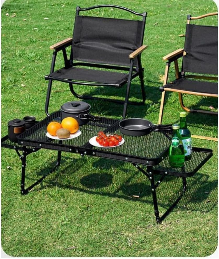 Family Camping Table with 2 Side Shelves, Folding Metal Grill Table, 2 Adjustable Heights, Picnic Table/Outdoor Table with Wing Panels Side Shelf for Outside, Camping, Picnic, Beach and BBQ