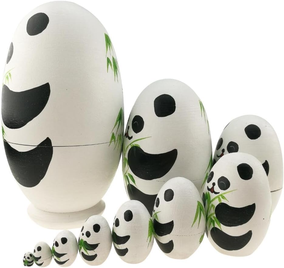 Handmade Wooden Stacking Panda Nesting Dolls - Set of 10 Cute Panda Bear Egg Shaped Matryoshka Babushka Dolls for Kids image number 1