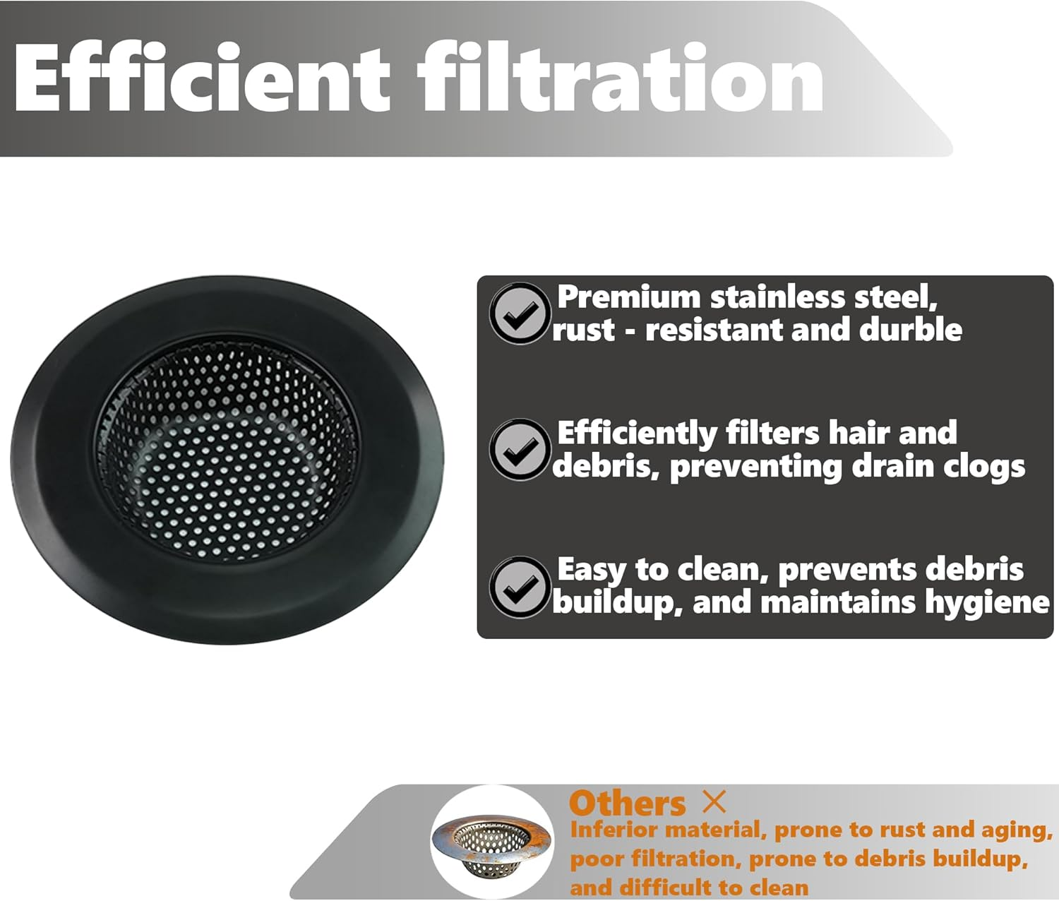 2 Pack Kitchen Sink Strainer - 11.3Cm Wide Rim Stainless Steel Drain Catcher - Fits 7Cm Drain Hole (Standard AU Sinks) - Anti-Clog Food Waste Filter & Rustproof (Matte Black) image number 3