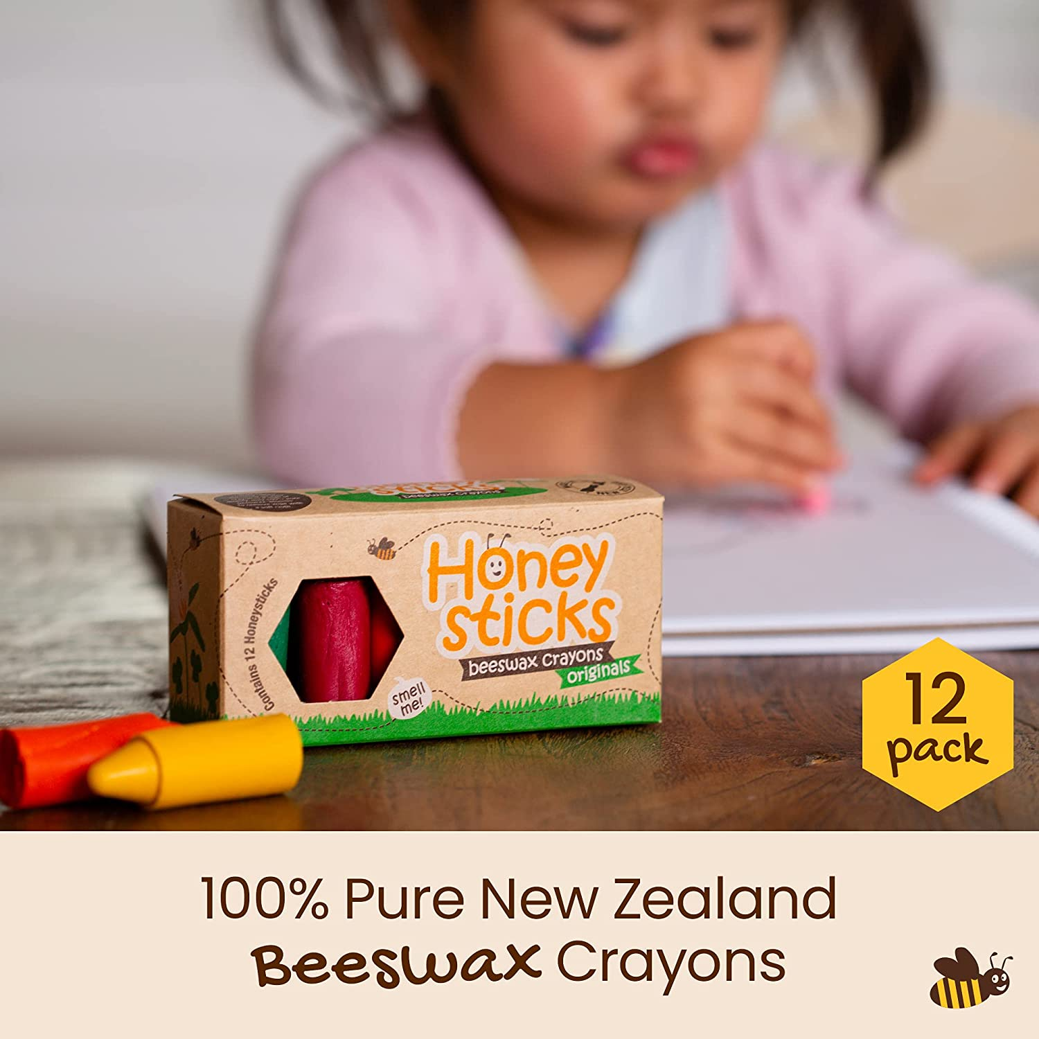 Honeysticks 100% Pure Beeswax Crayons and Colouring Book Pack - Large, Easy to Hold, Non Toxic Crayons (12 Pack) plus a Bound Colouring Book, Wonderful for Toddlers image number 2