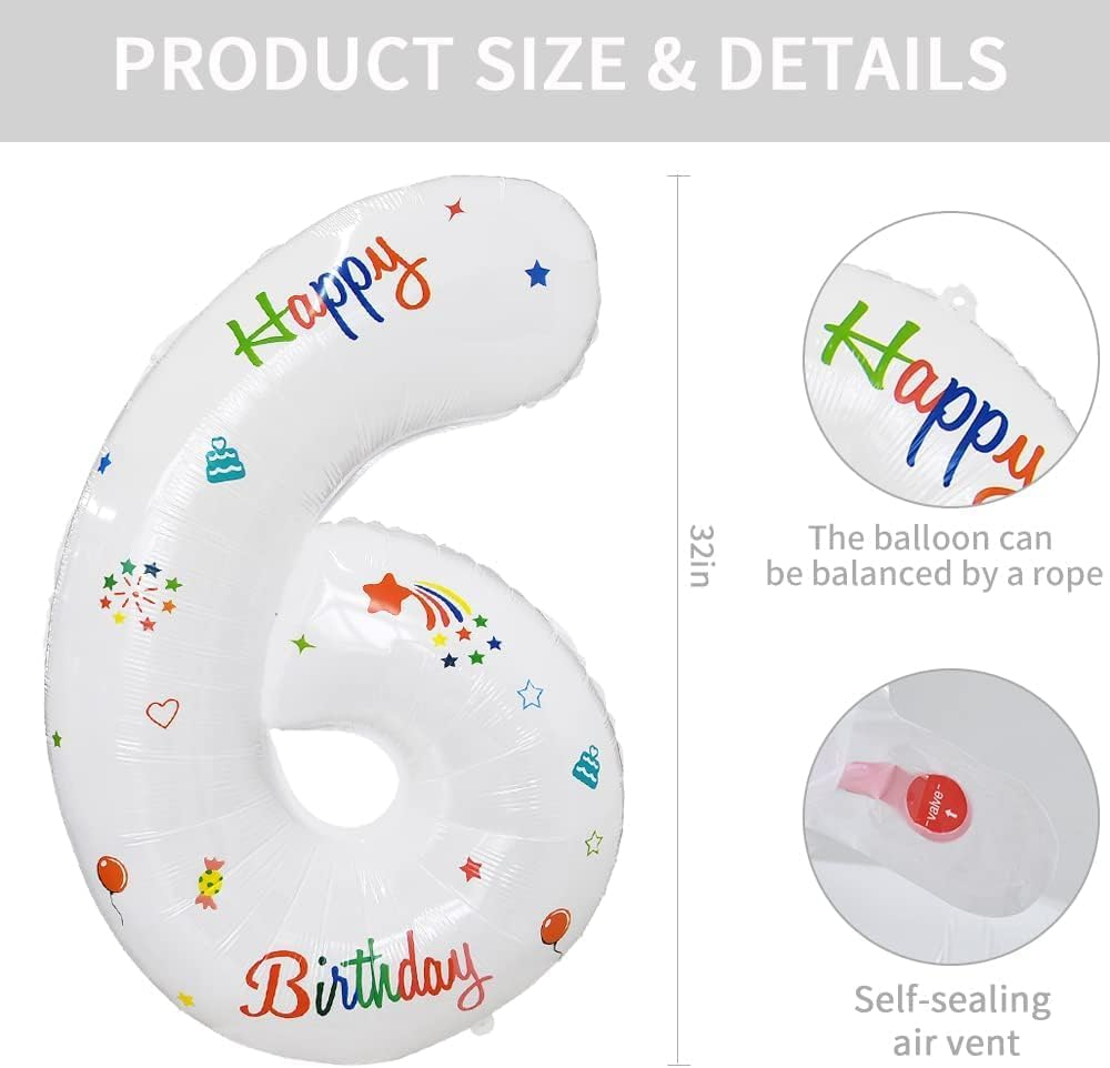 32 Inch Foil Big Number 6 with Happy Birthday, Large White Digital Balloons 0-9 for Kids Party Birthday and Baby Shower (White, 6) image number 2