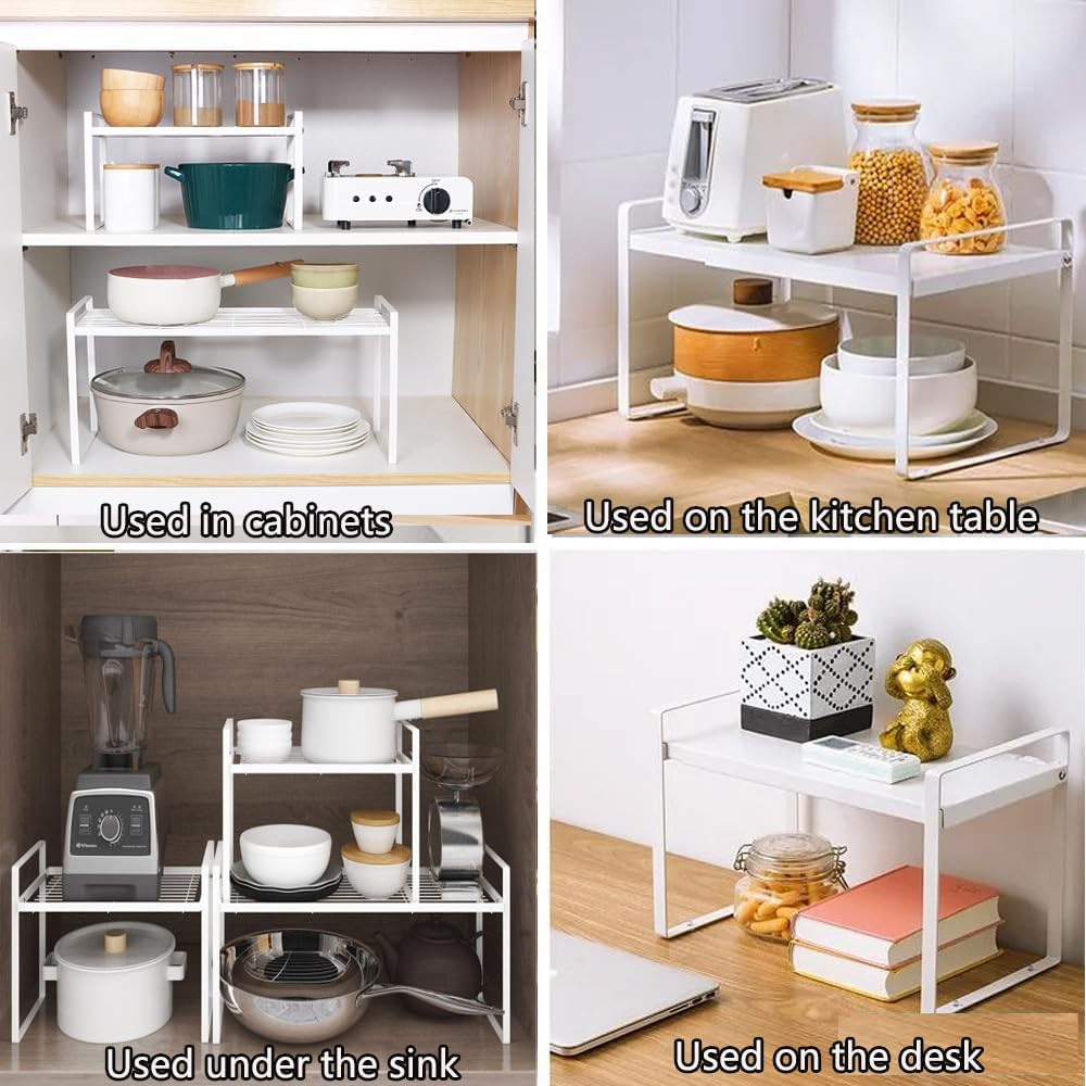 Kitchen Cabinet Organiser, Shelf Insert with Non-Slip Mat, Kitchen Cabinet Insert, for Kitchen/Bathroom/Tabletop/Sideboard (White) image number 5