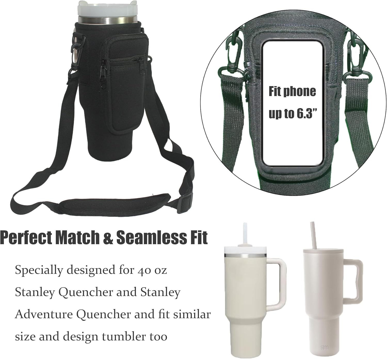 Water Cup Holder Bag for 40Oz Stanley Quencher H2.0 & Adventure Tumbler, Made of Neoprene Durable Fabric with Adjustable Shoulder Strap and Come with One Straw Cover (Black) image number 2