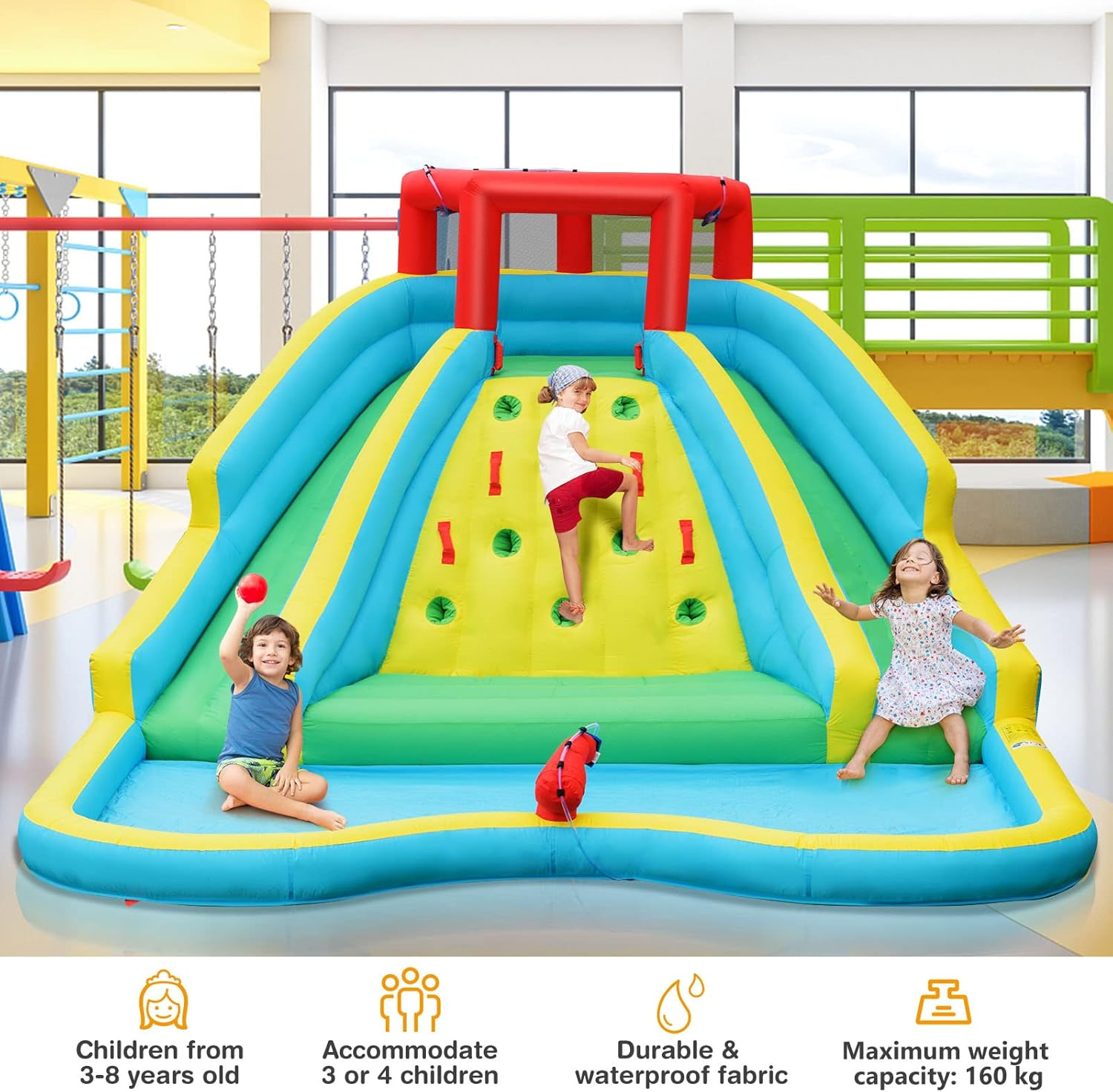 HONEY JOY Inflatable Water Slide, 452 X 365 X 233CM Giant Water Park for Kids W/Double Long Slides, Climbing Wall, Splash Pool, Water Cannon, Blow up Inflatable Bouncer for Outdoor (Without Blower) image number 5