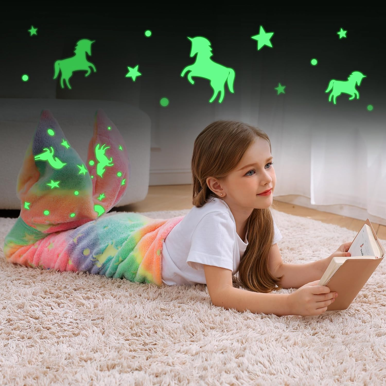 Kids Glow in the Dark Mermaid Tail Blanket - Unicorn Gifts for Girls, Soft Flannel Fleece with Rainbow Ombre Fish Scale Design, 100 X 43 Cm - Glow In Unicorn image number 7