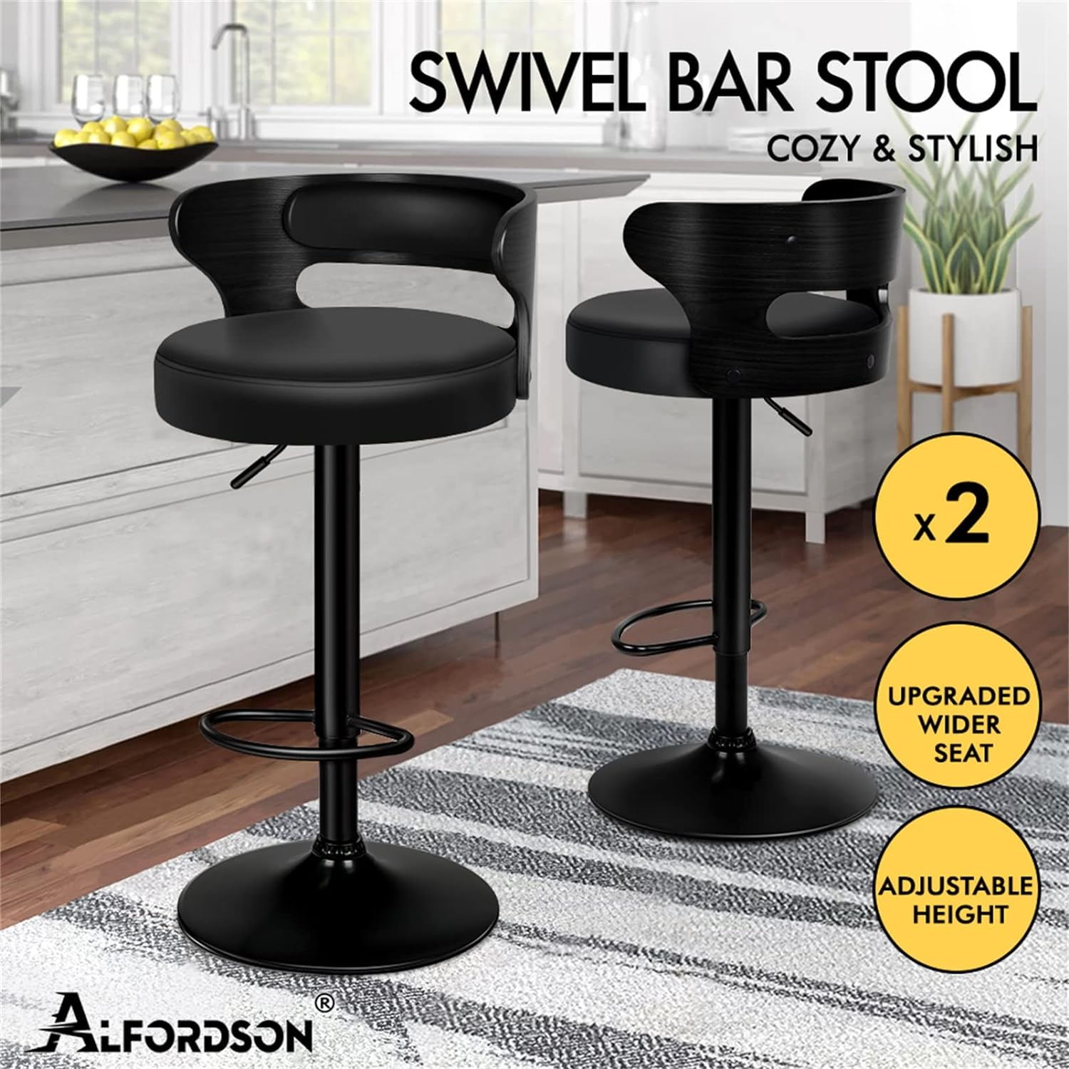 ALFORDSON Set of 2 Bar Stool Ramiro Adjustable Kitchen Stool Swivel Counter Wooden Dining Chair in 61-82Cm Seat Height with Gas Lift, All Black Bar Sets for Home Dining Room Cafe Shops Bars image number 1